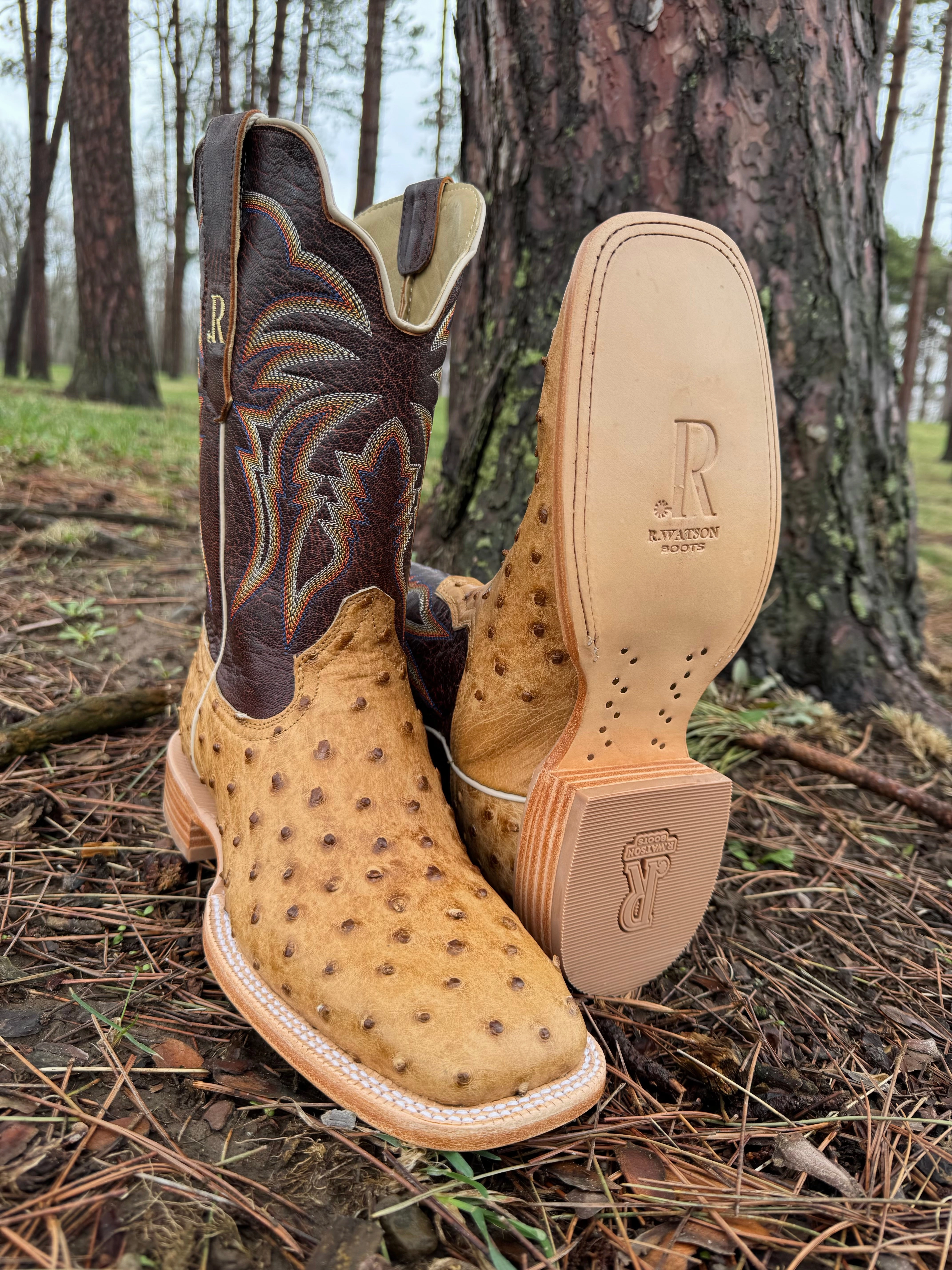 R. Watson Men's Antique Saddle Full Quill Ostrich Square Toe Cowboy Boots RW4506-2 Adventure Gear Rough Ready