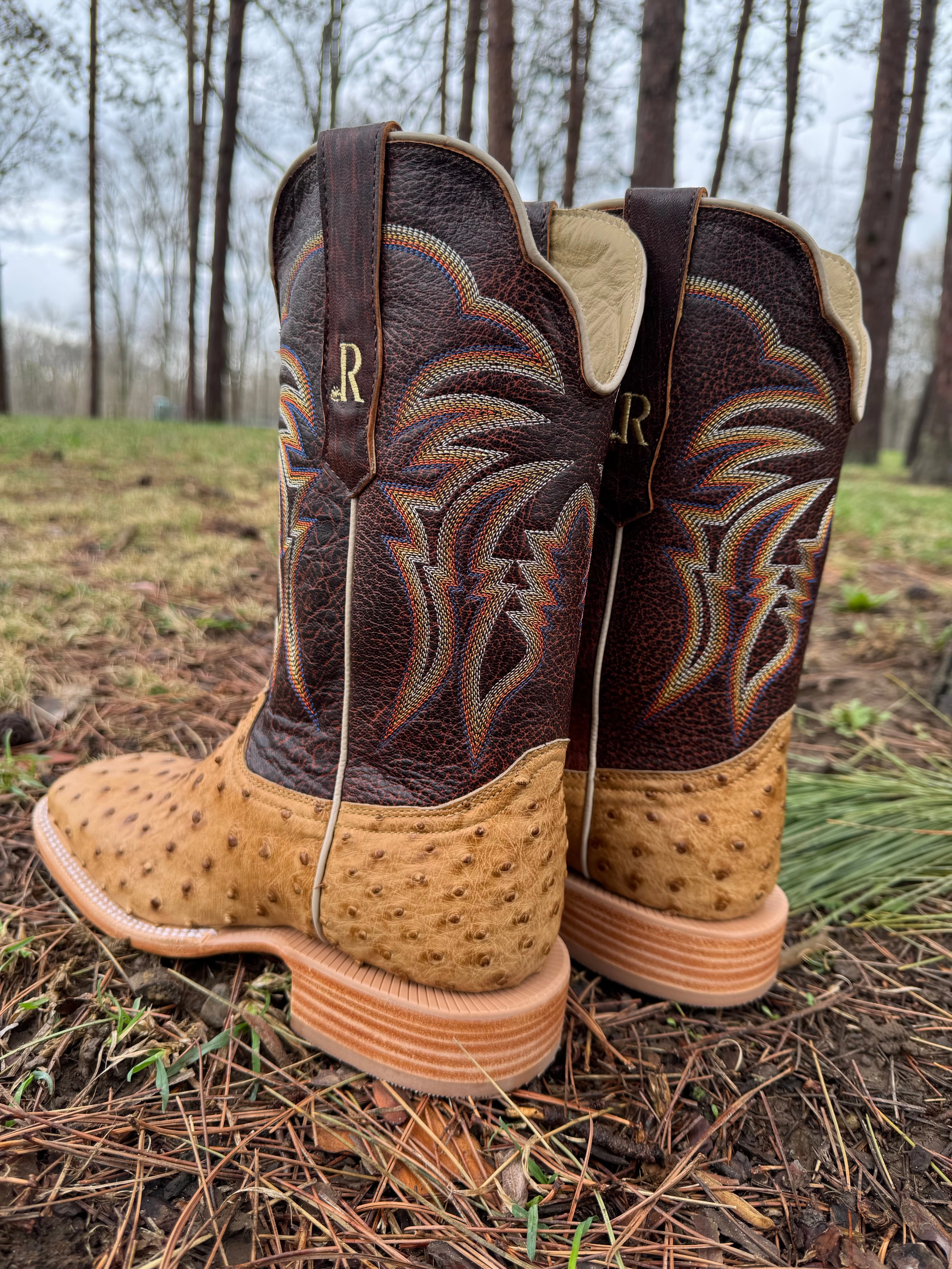 R. Watson Men's Antique Saddle Full Quill Ostrich Square Toe Cowboy Boots RW4506-2 Stable base