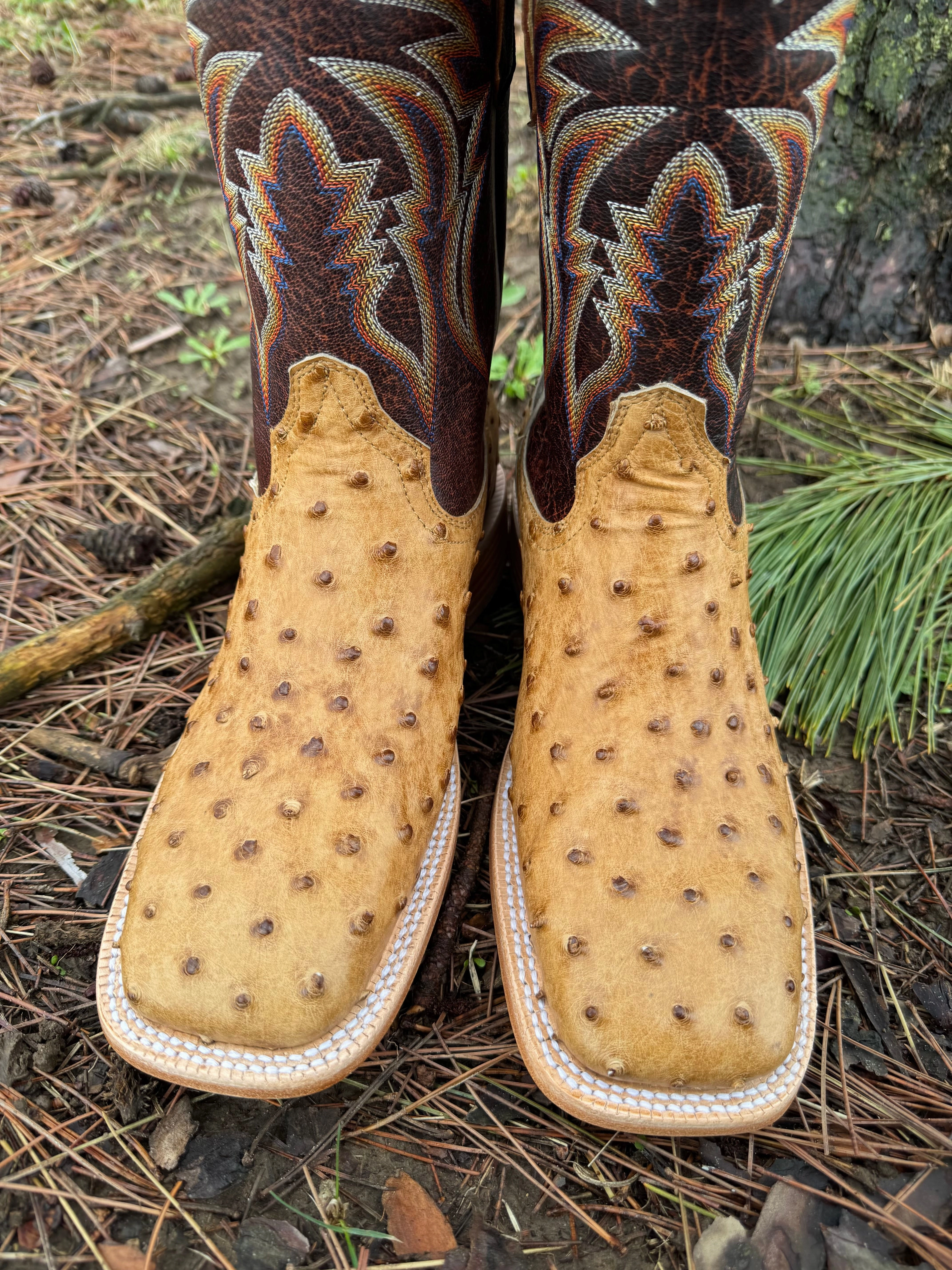 Clean Form R. Watson Men's Antique Saddle Full Quill Ostrich Square Toe Cowboy Boots RW4506-2