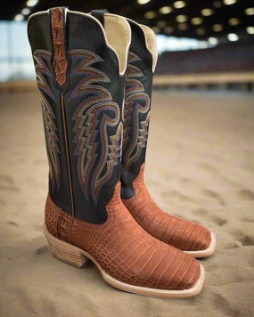 R. Watson Men's Cognac Sueded Nile Crocodile Square Toe Cowboy Boots RW9012-2 Rain Ready