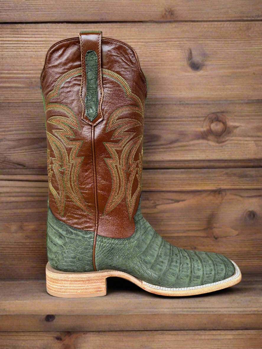 Slip-On Design R. Watson Men's Nubuck Olive Green Caiman Square Toe Western Cowboy Boots RW2006-2