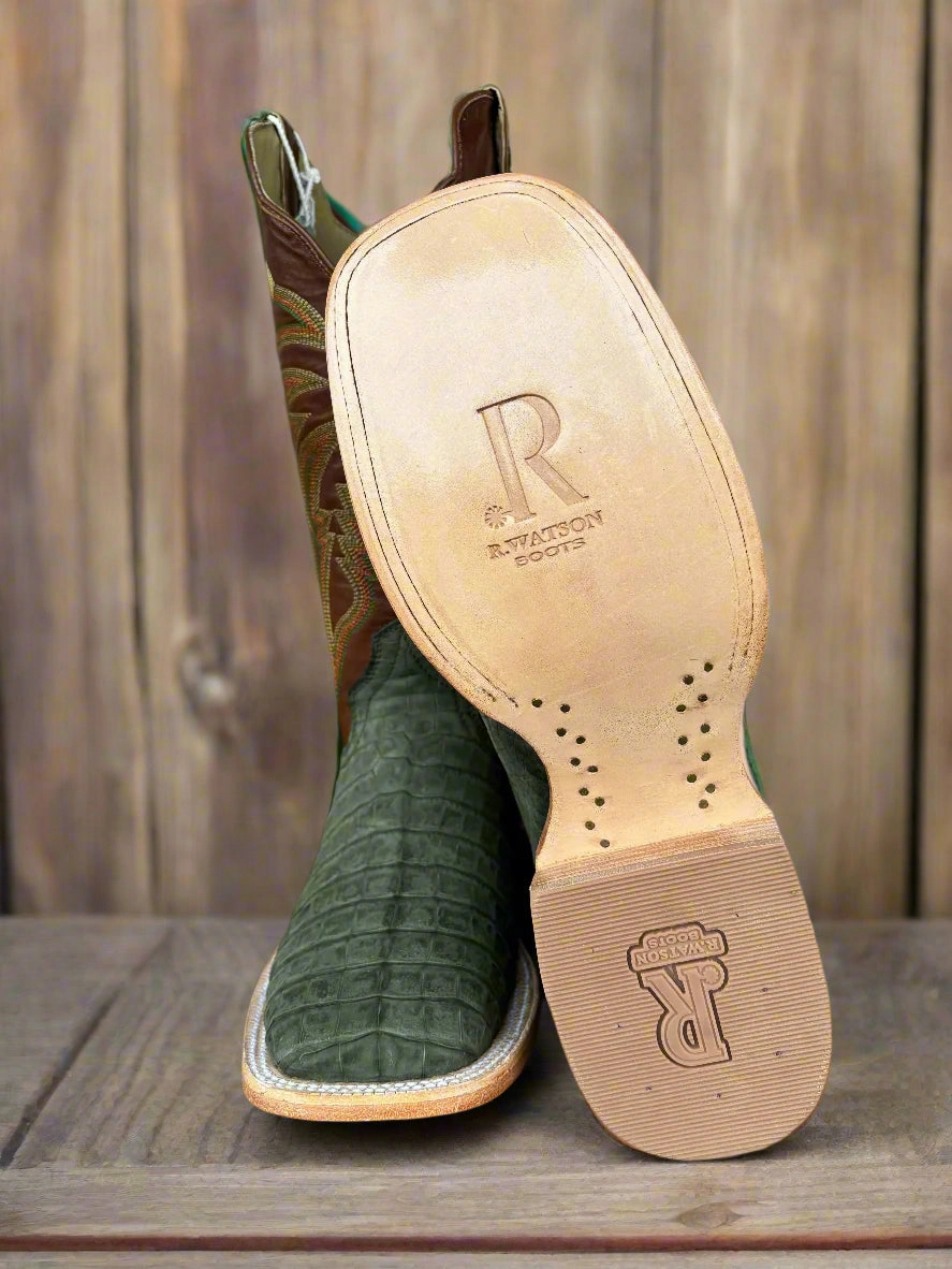 R. Watson Men's Nubuck Olive Green Caiman Square Toe Western Cowboy Boots RW2006-2 Cold Weather Travel Light