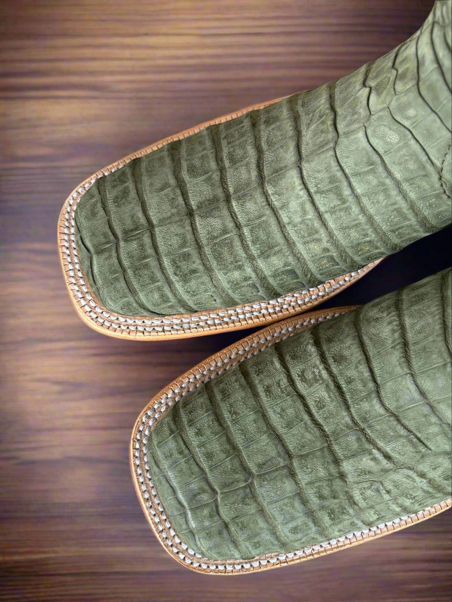 R. Watson Men's Nubuck Olive Green Caiman Square Toe Western Cowboy Boots RW2006-2 Tread Control Functional