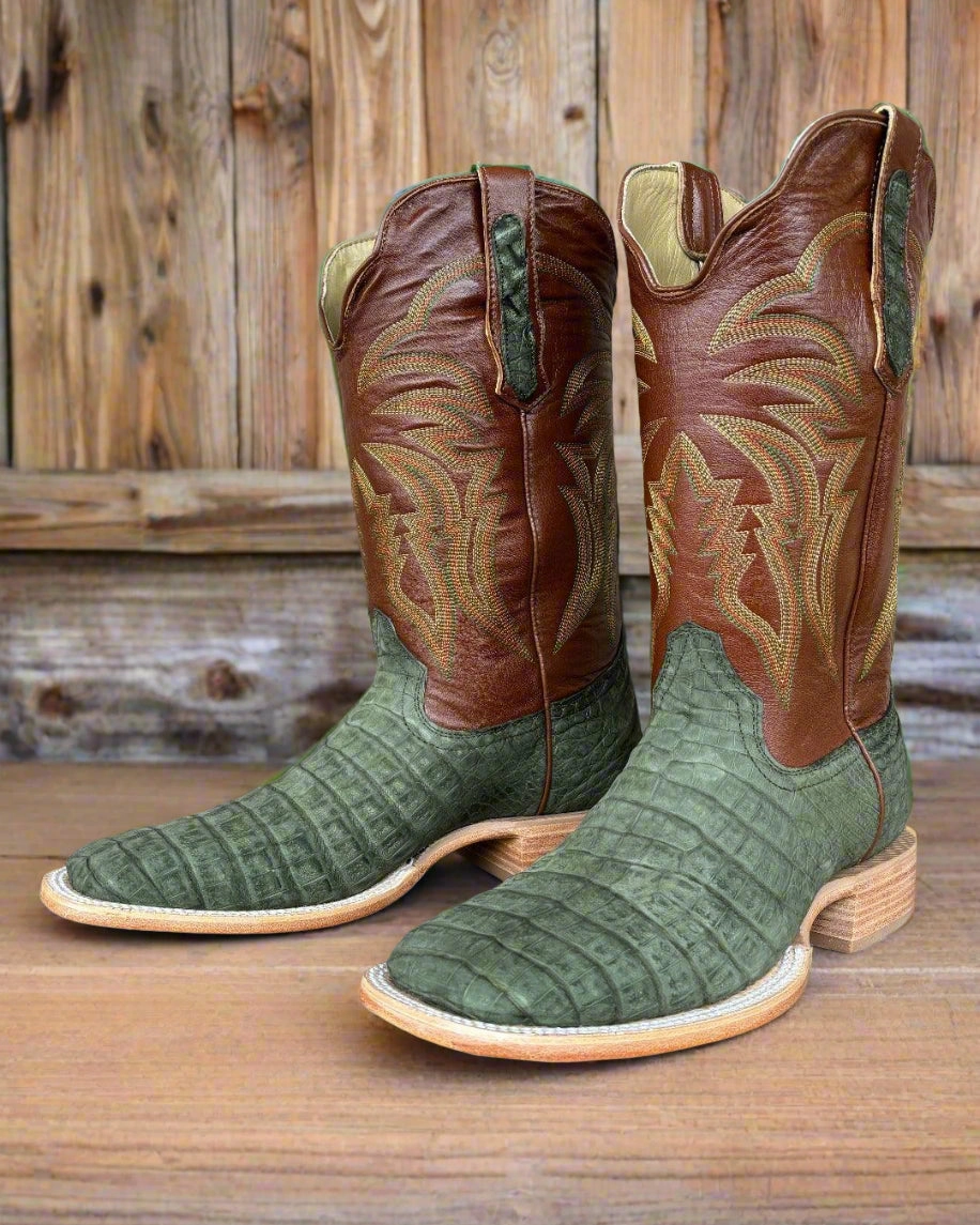 R. Watson Men's Nubuck Olive Green Caiman Square Toe Western Cowboy Boots RW2006-2 Outdoor Chore