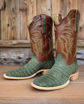 R. Watson Men's Nubuck Olive Green Caiman Square Toe Western Cowboy Boots RW2006-2 Outdoor Chore