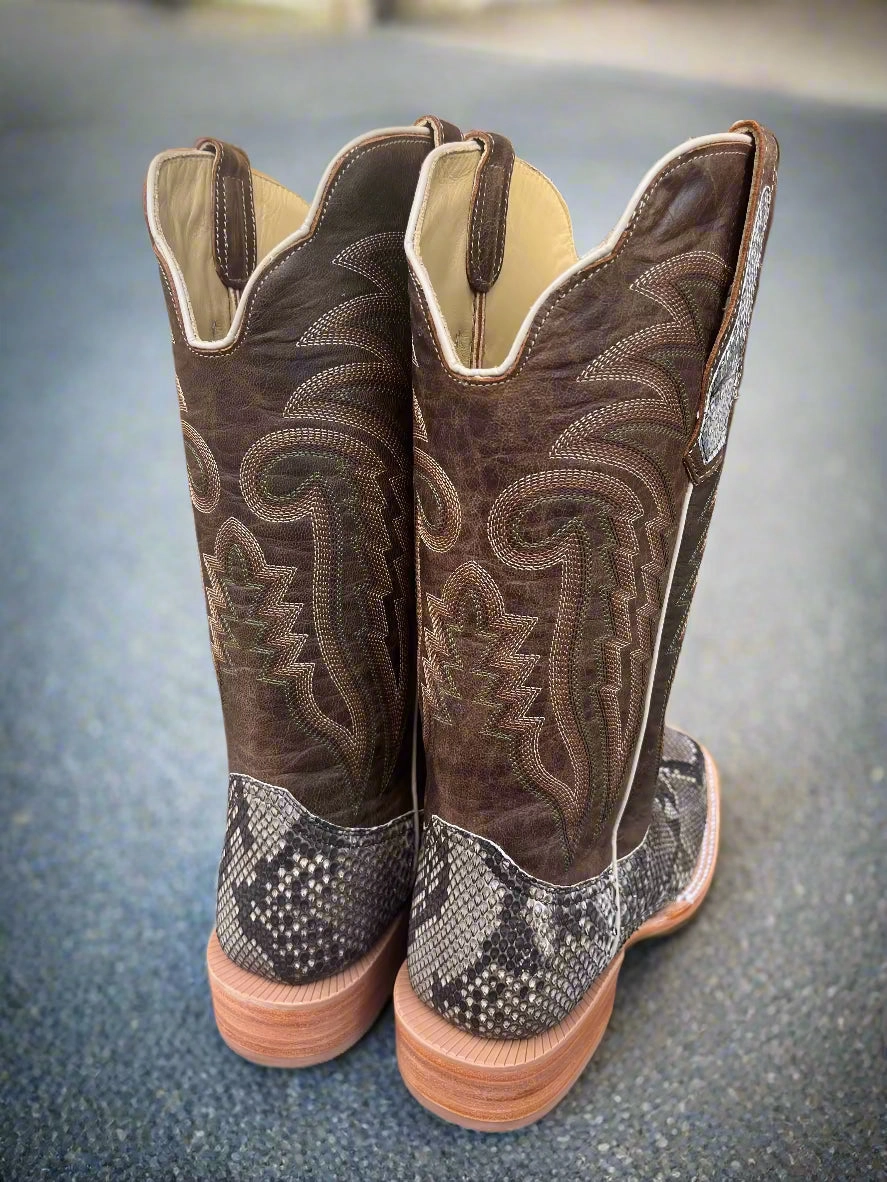 R. Watson Men's Rustic Python Belly Square Toe Western Cowboy Boots RW7913-2 Thin Sole Pull on