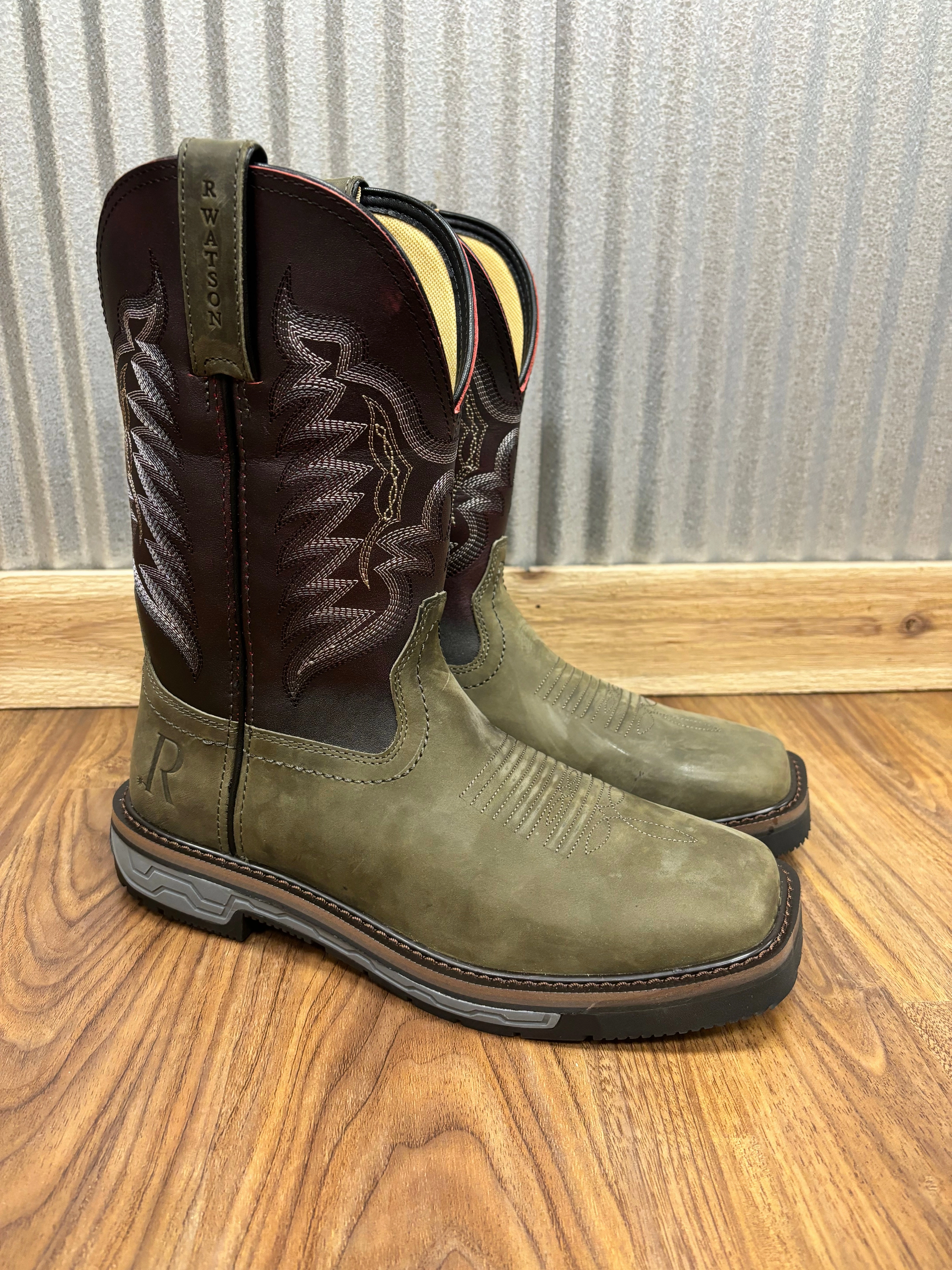 R. Watson Men's Vintage Grey & Black Cherry Top Square Toe Work Boots RW1801 Training Ground slim fit