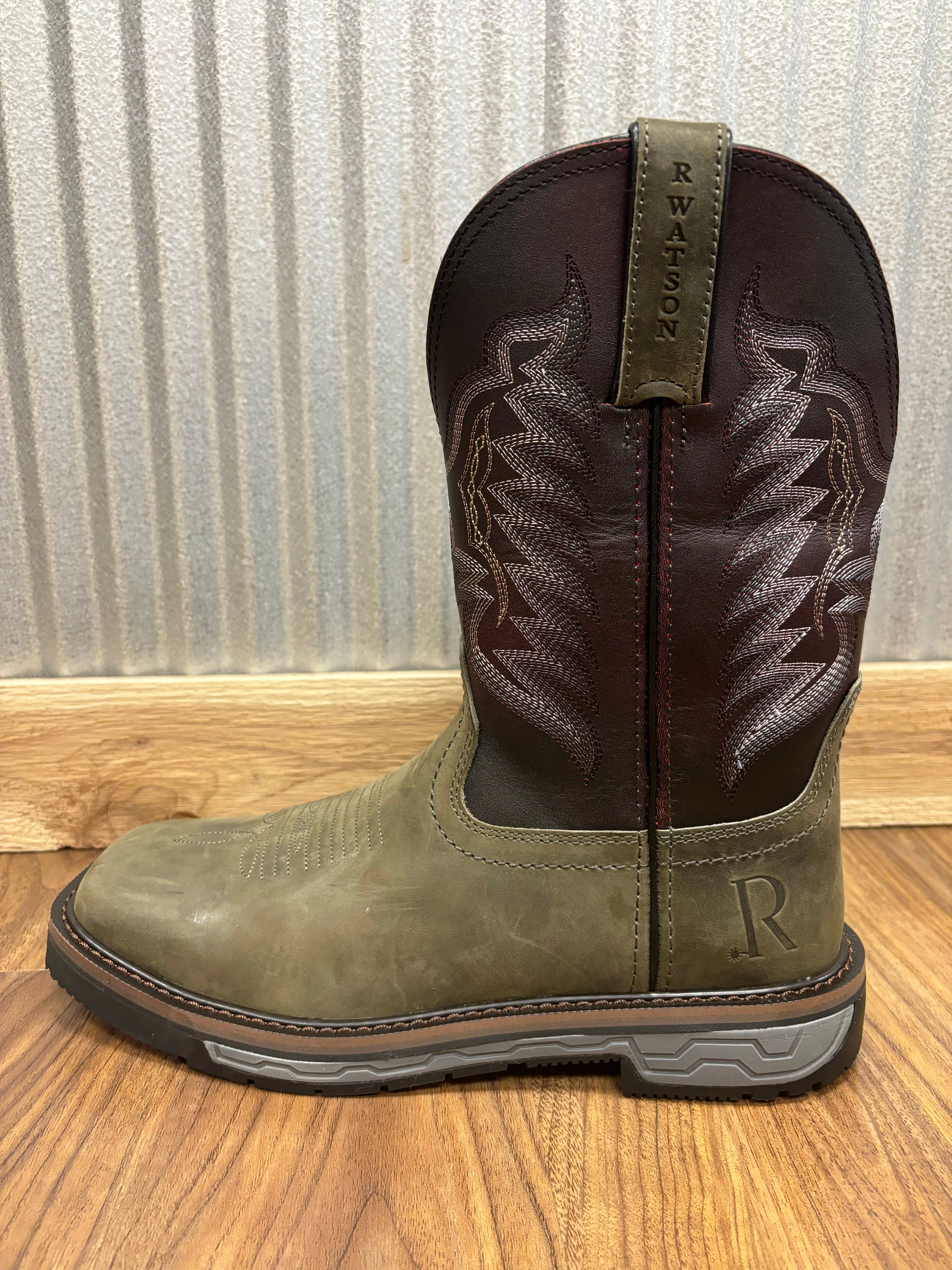 Animal Spot R. Watson Men's Vintage Grey & Black Cherry Top Square Toe Work Boots RW1801