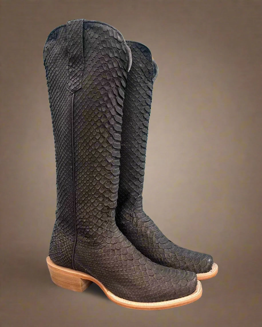 Comfortable Footbed R. Watson Women's 17" Matte Chocolate Nubuck Python Narrow Square Toe Western Cowgirl Boots RWL7216-1