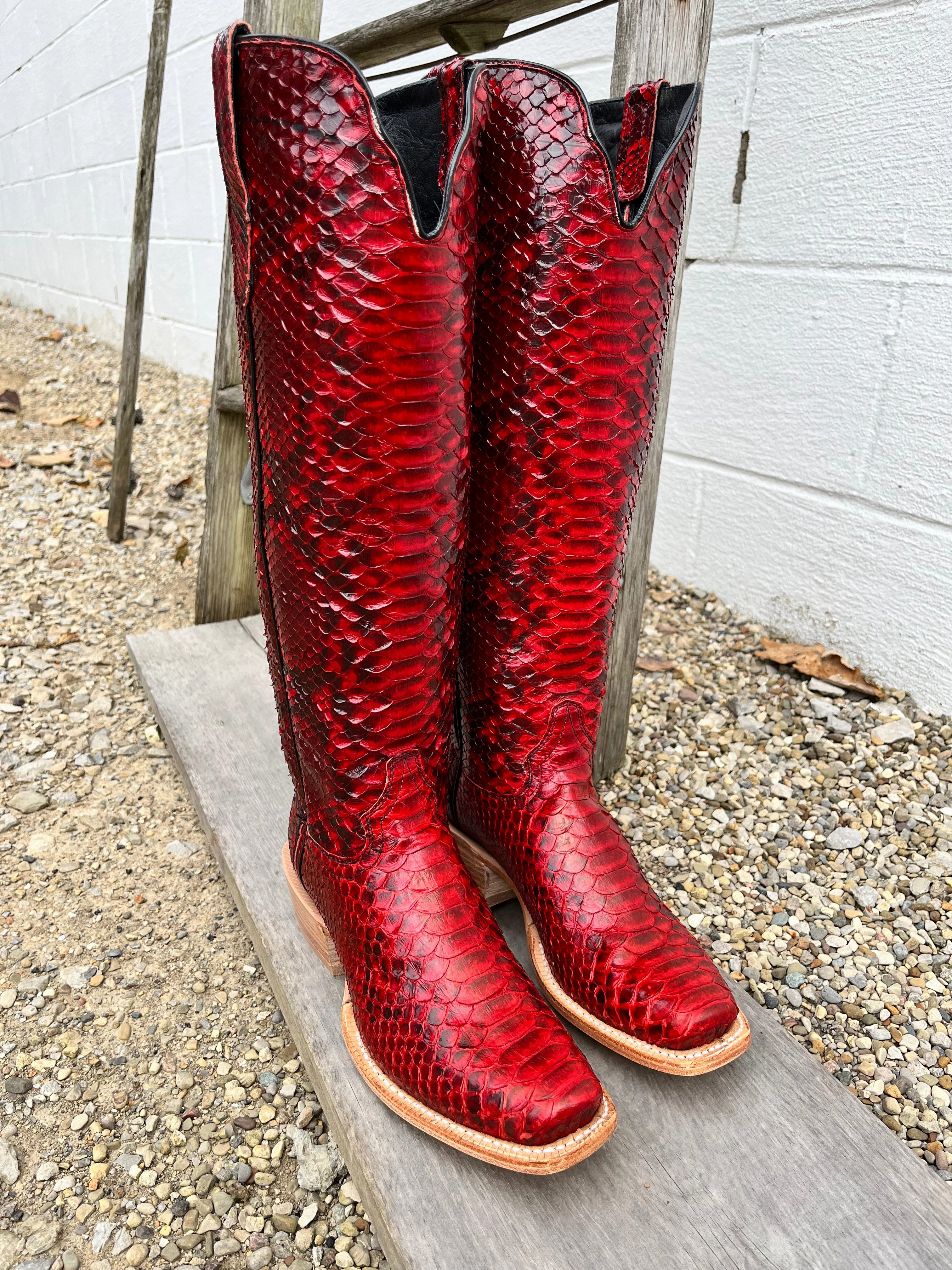 Business Meeting Hope Step R. Watson Women's 17" Red Genuine Python Narrow Square Toe Western Tall Cowgirl Boots RWL7213-1