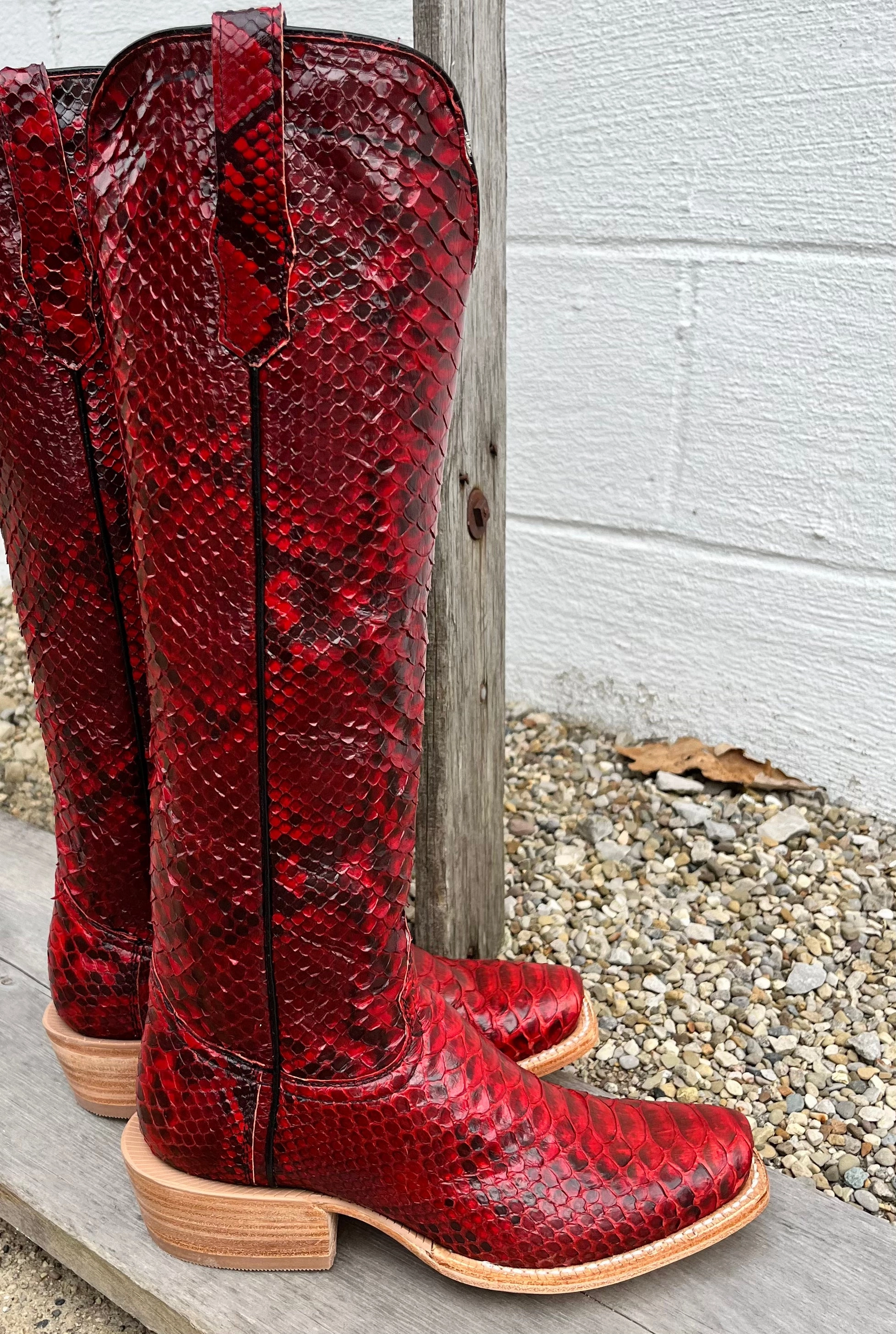 R. Watson Women's 17" Red Genuine Python Narrow Square Toe Western Tall Cowgirl Boots RWL7213-1 Skin Hug Everyday Pair