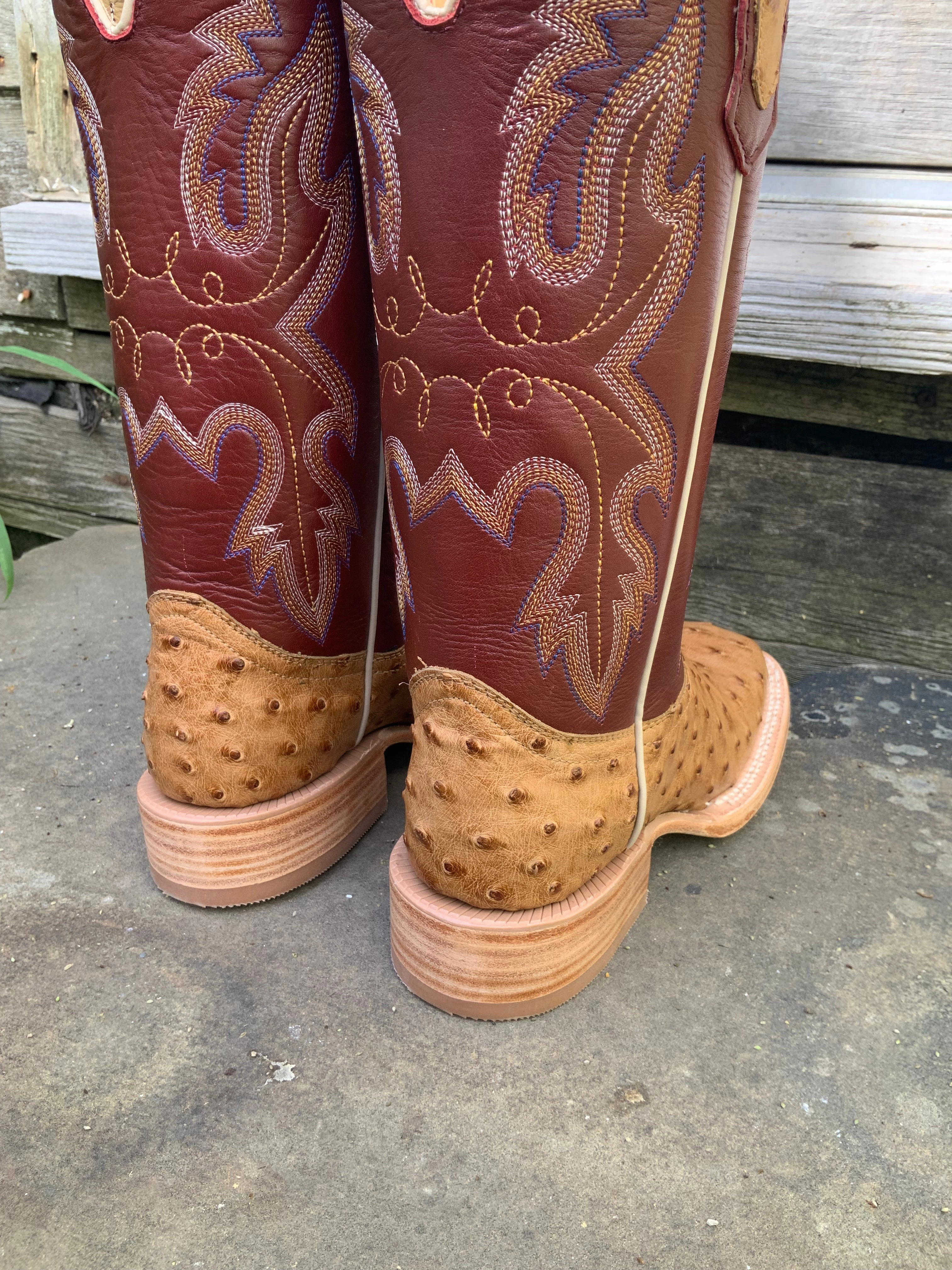 R. Watson Women's Antique Saddle Bruciato Full Quill Ostrich Square Toe Cowgirl Boots RWL4304 Warm Interior Soft Insole