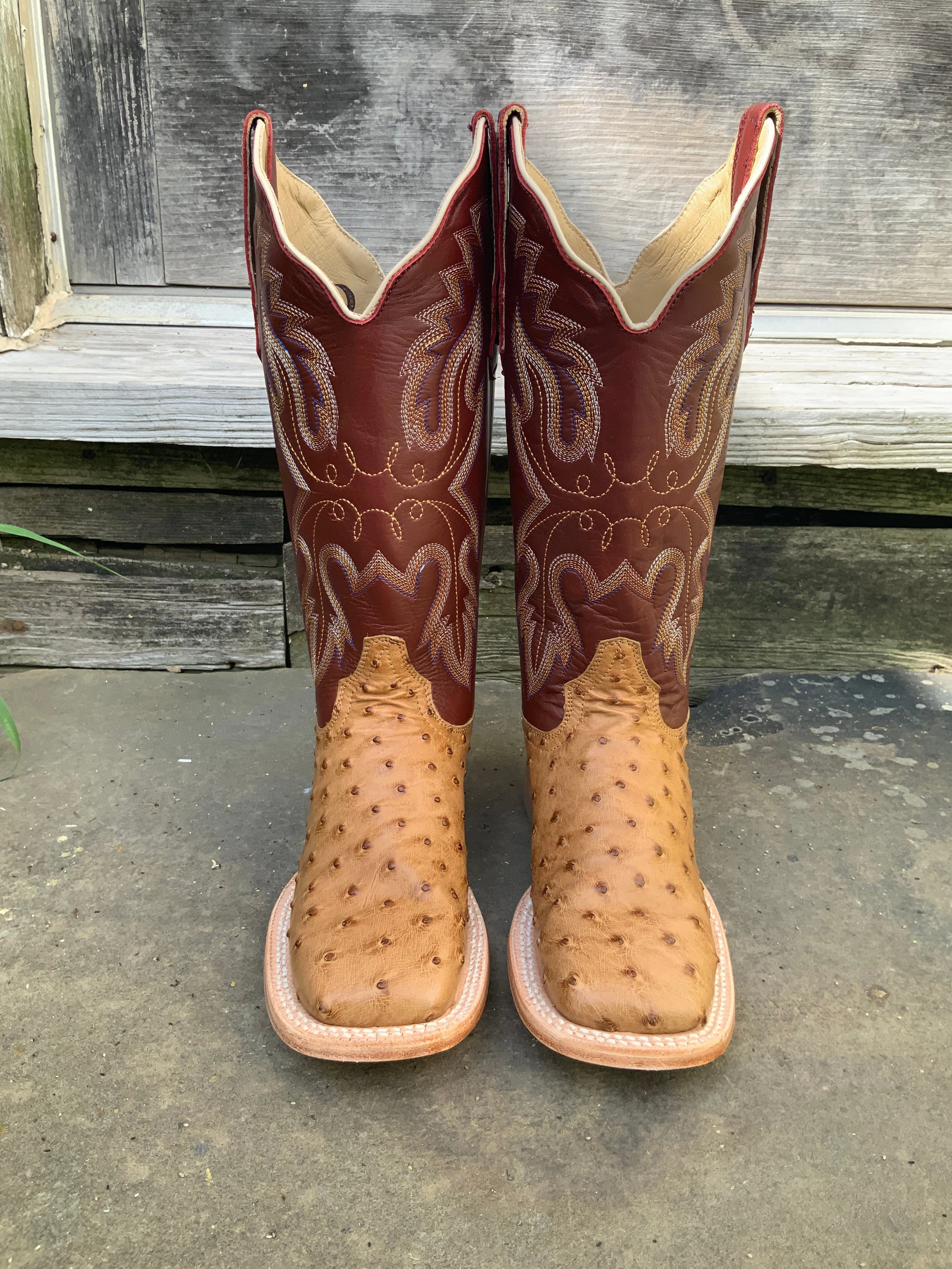 multi-use R. Watson Women's Antique Saddle Bruciato Full Quill Ostrich Square Toe Cowgirl Boots RWL4304