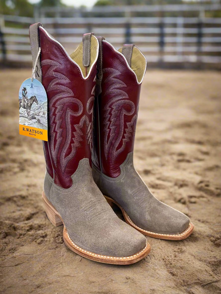 R. Watson Women's Charcoal Grey Rough Out & Red Top Cutter Toe Cowgirl Boots RWL8412-1 All-Purpose Style