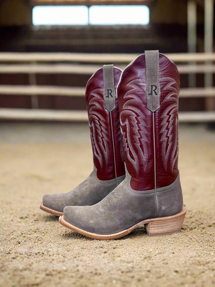 Daily Utility Trail Comfort R. Watson Women's Charcoal Grey Rough Out & Red Top Cutter Toe Cowgirl Boots RWL8412-1