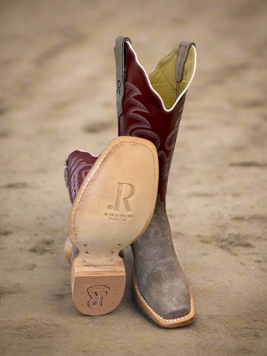 R. Watson Women's Charcoal Grey Rough Out & Red Top Cutter Toe Cowgirl Boots RWL8412-1 Paris Glow