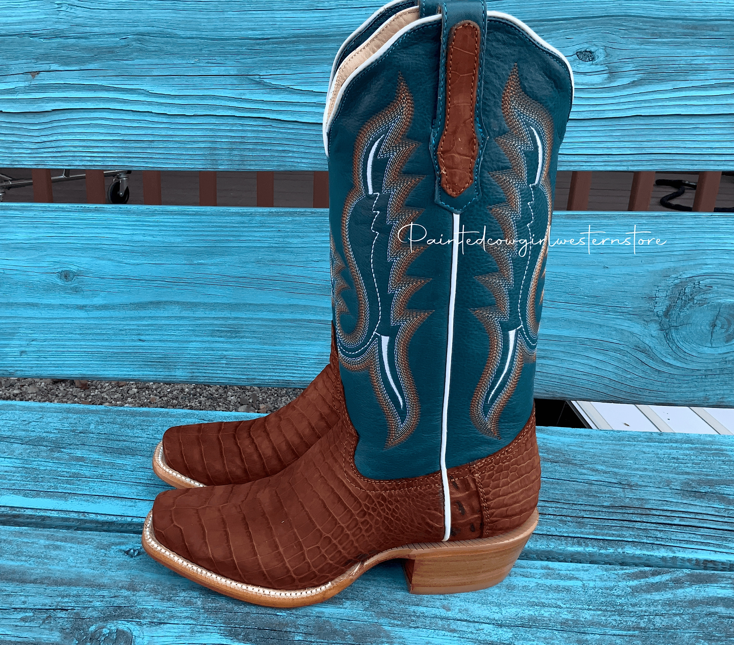 R. Watson Women's Cognac Sueded Nile Crocodile Cutter Toe Cowgirl Boots RWL9012-1 Abrasion   Resistant Comfort Straps