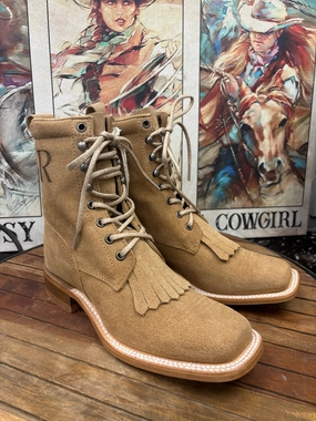 Reinforced Heel Counter Cushioned Sole R. Watson Women's Sand Roughout Square Toe Lacer Boots Roper Boots RWL8913-2