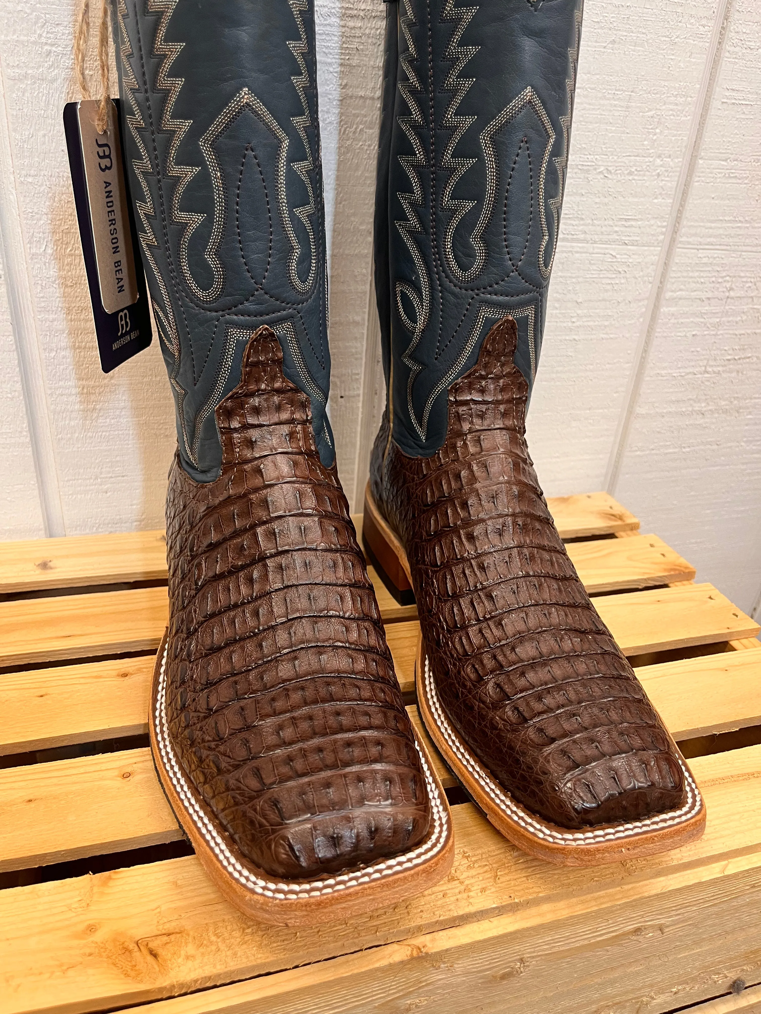 foldable Abrasion   Resistant Anderson Bean Men's Chocolate Lux Caiman & Petrolia Bella Blue Square Toe Cowboy Boots 338112