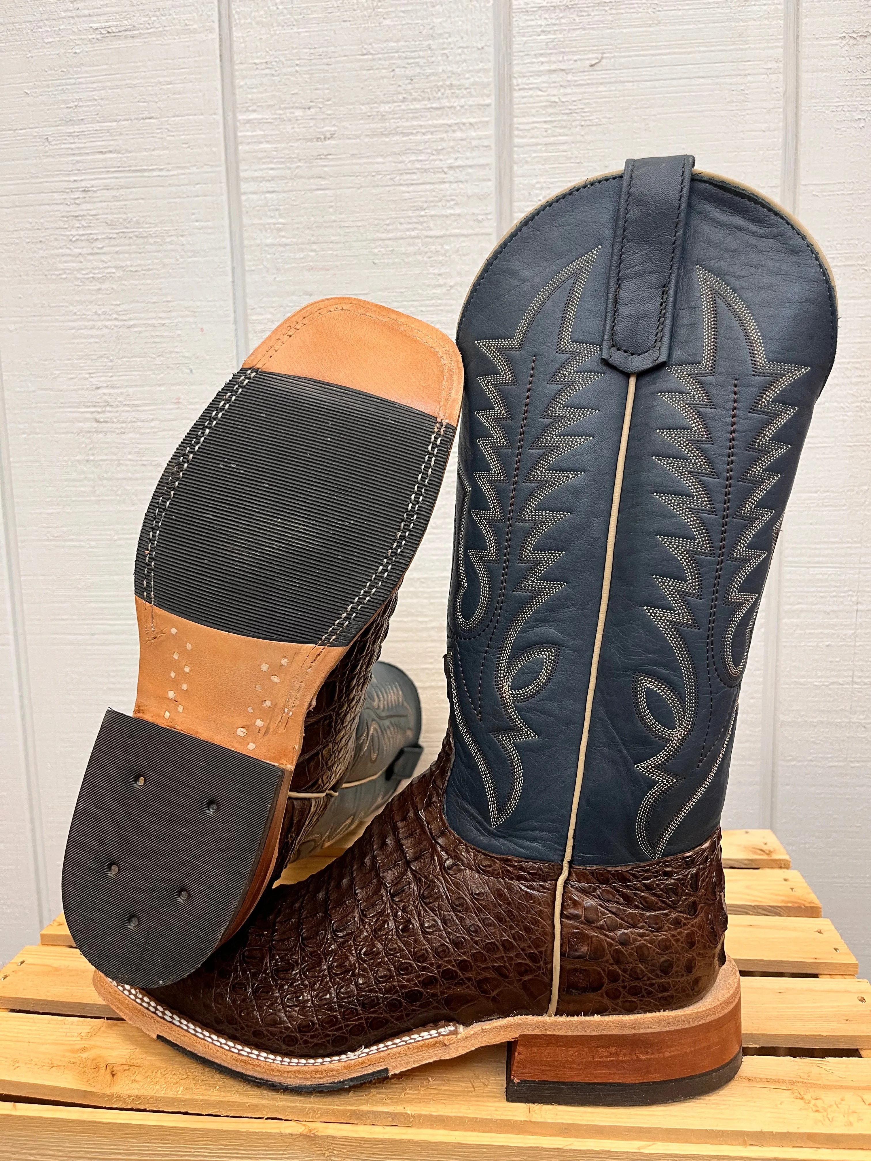 Anderson Bean Men's Chocolate Lux Caiman & Petrolia Bella Blue Square Toe Cowboy Boots 338112 Leather Material Clean Finish