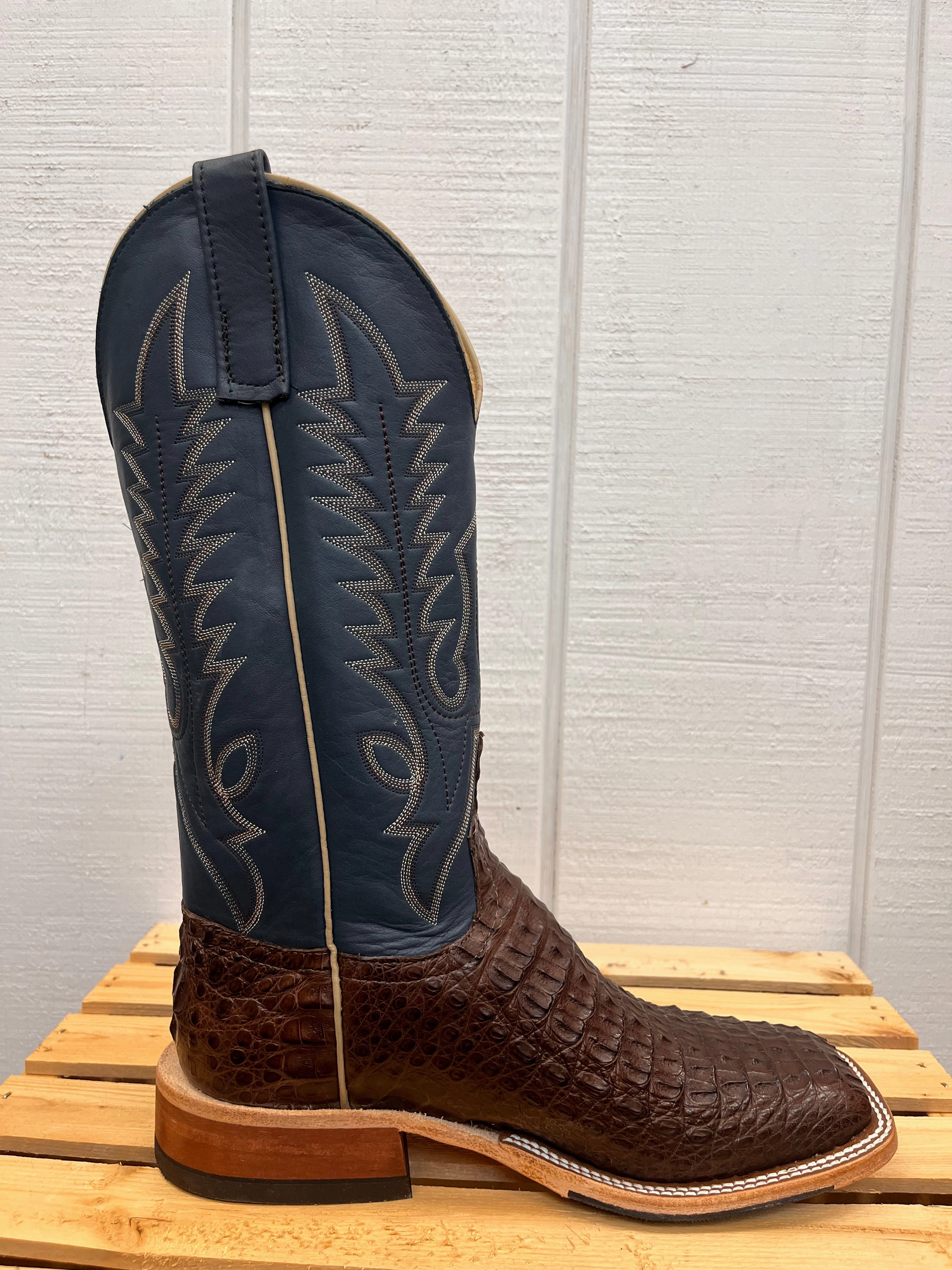 Supportive Build Anderson Bean Men's Chocolate Lux Caiman & Petrolia Bella Blue Square Toe Cowboy Boots 338112