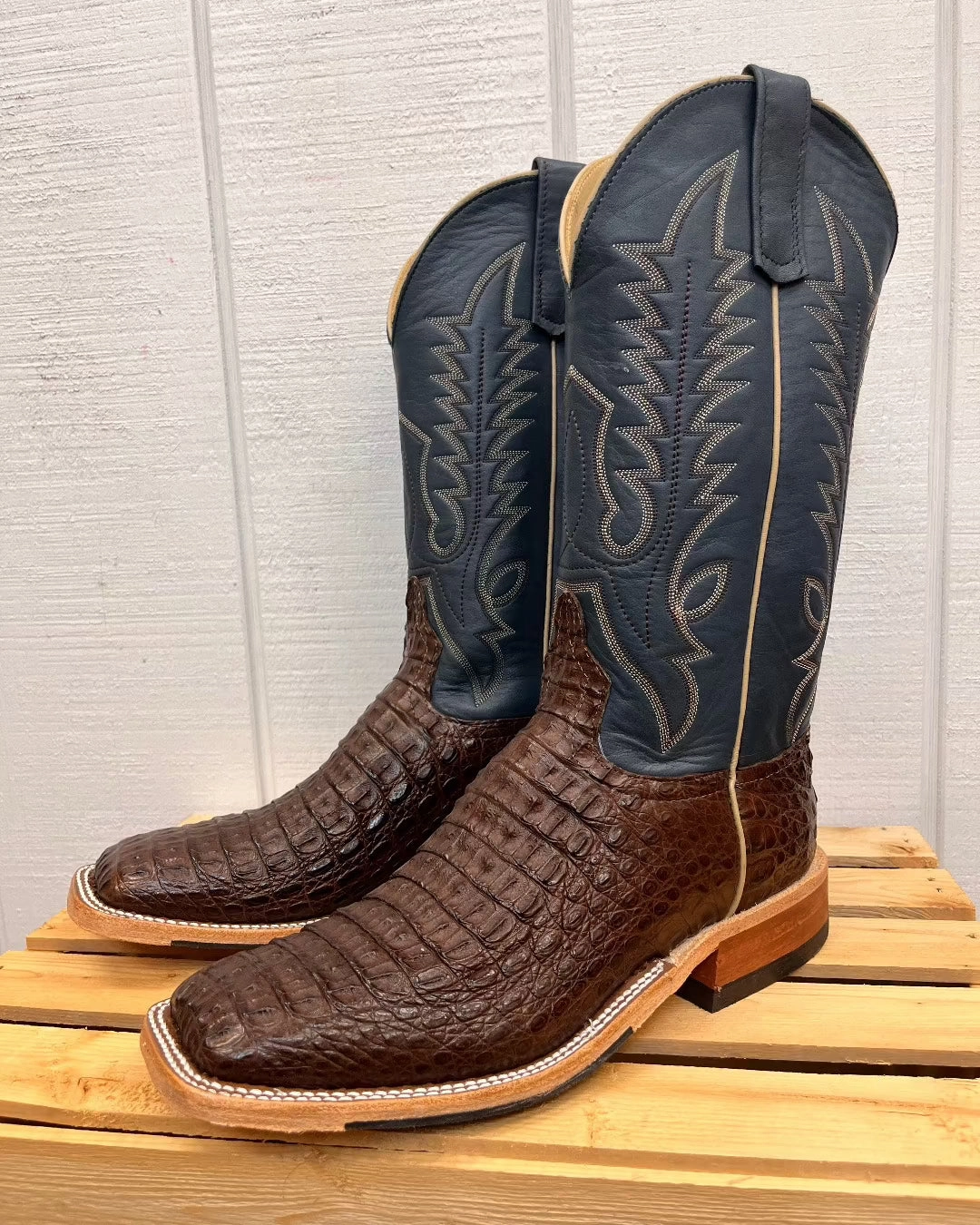 Seamless Style Anderson Bean Men's Chocolate Lux Caiman & Petrolia Bella Blue Square Toe Cowboy Boots 338112