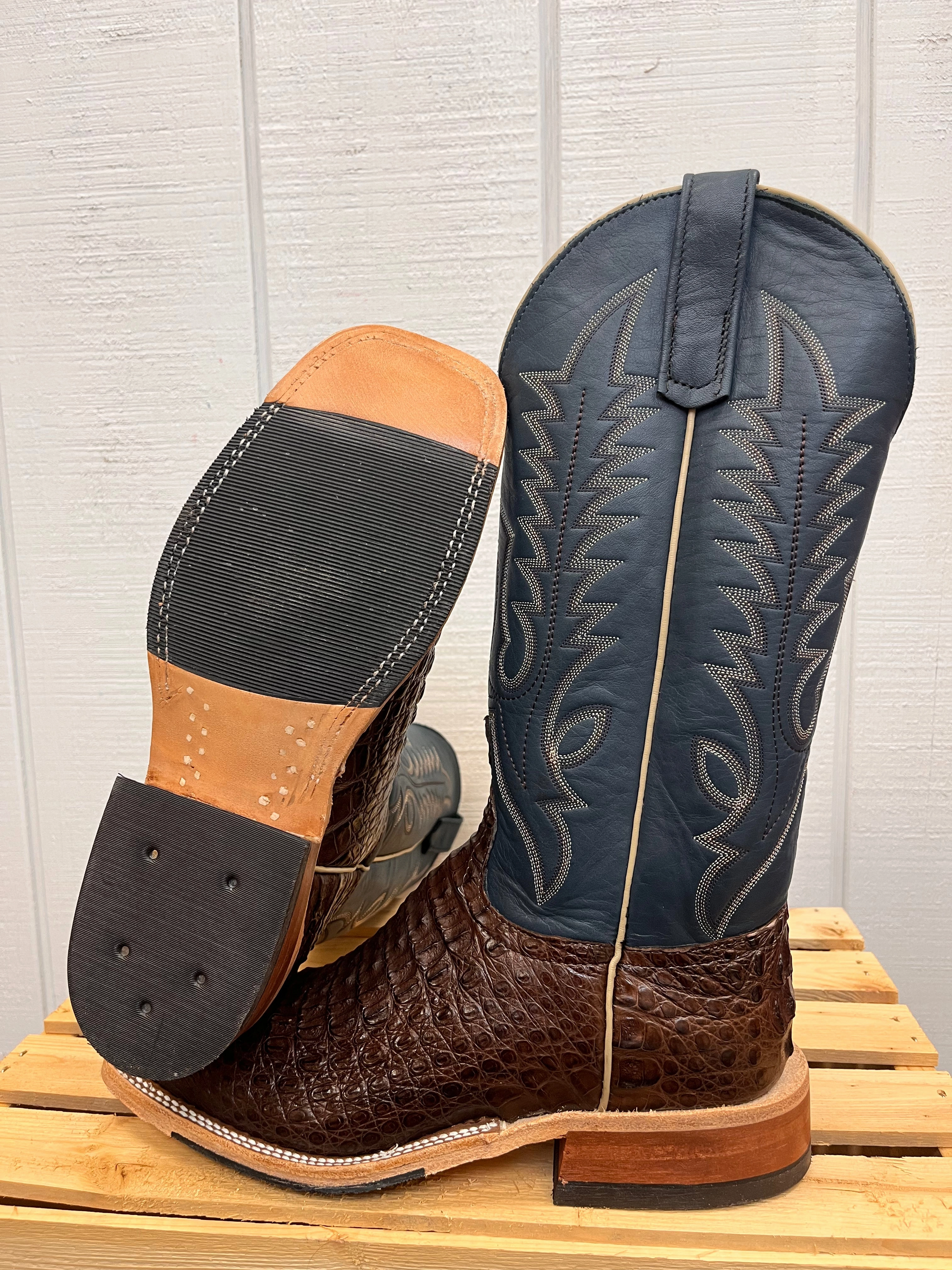 Anderson Bean Men's Chocolate Lux Caiman & Petrolia Bella Blue Square Toe Cowboy Boots 338112 Leather Material Clean Finish