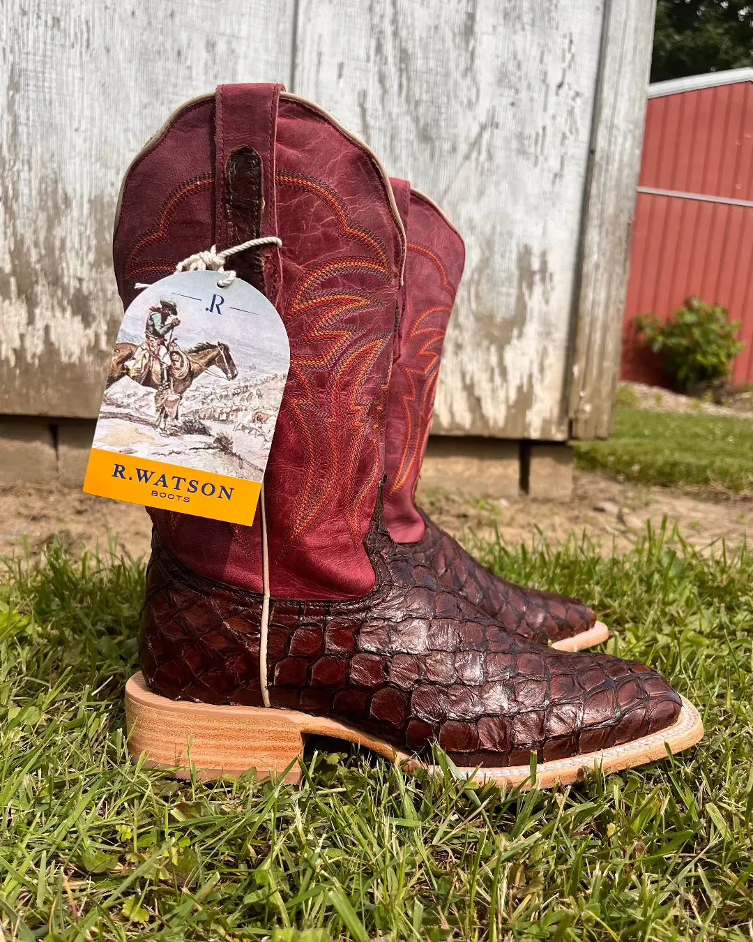 Industrial Site Quick Wear R. Watson Women's Chocolate Pirarucu Big Bass Square Toe Western Cowgirl Boots RWL7800-2