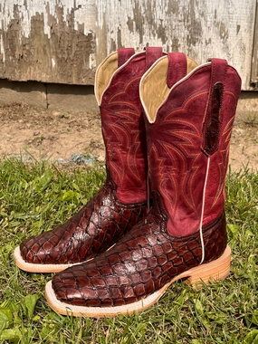 R. Watson Women's Chocolate Pirarucu Big Bass Square Toe Western Cowgirl Boots RWL7800-2 Slip Resistant Sole Wide Cut