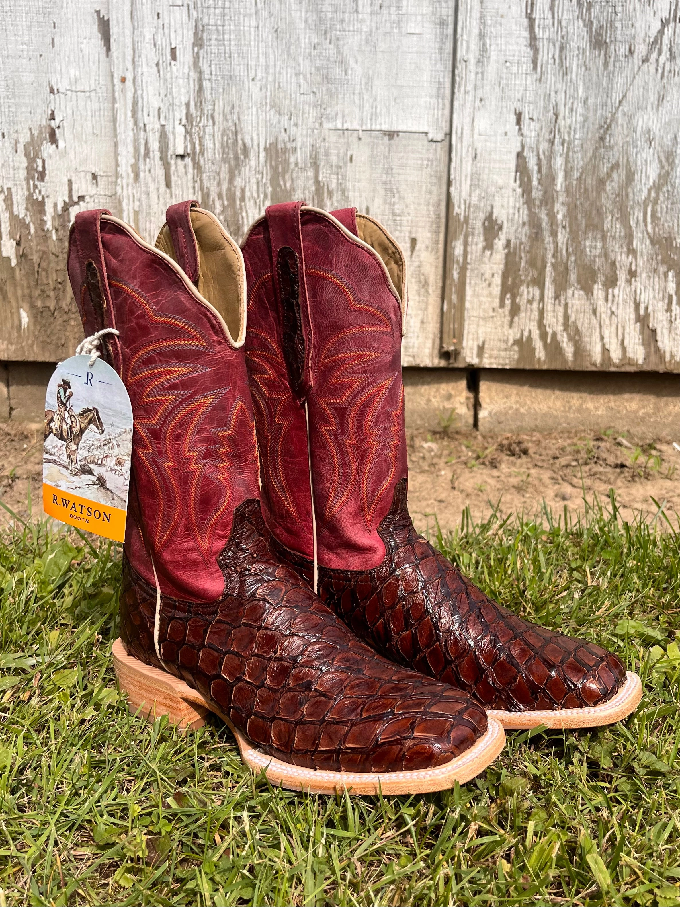 R. Watson Women's Chocolate Pirarucu Big Bass Square Toe Western Cowgirl Boots RWL7800-2 Premium Quality