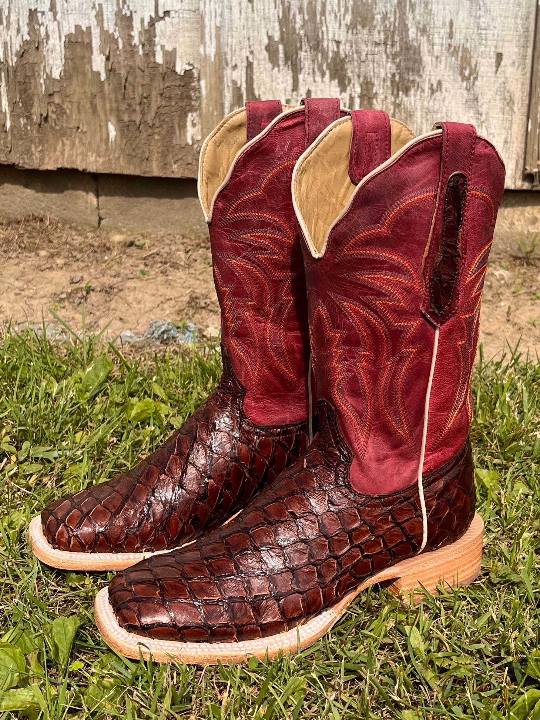 R. Watson Women's Chocolate Pirarucu Big Bass Square Toe Western Cowgirl Boots RWL7800-2 Slip Resistant Sole Wide Cut