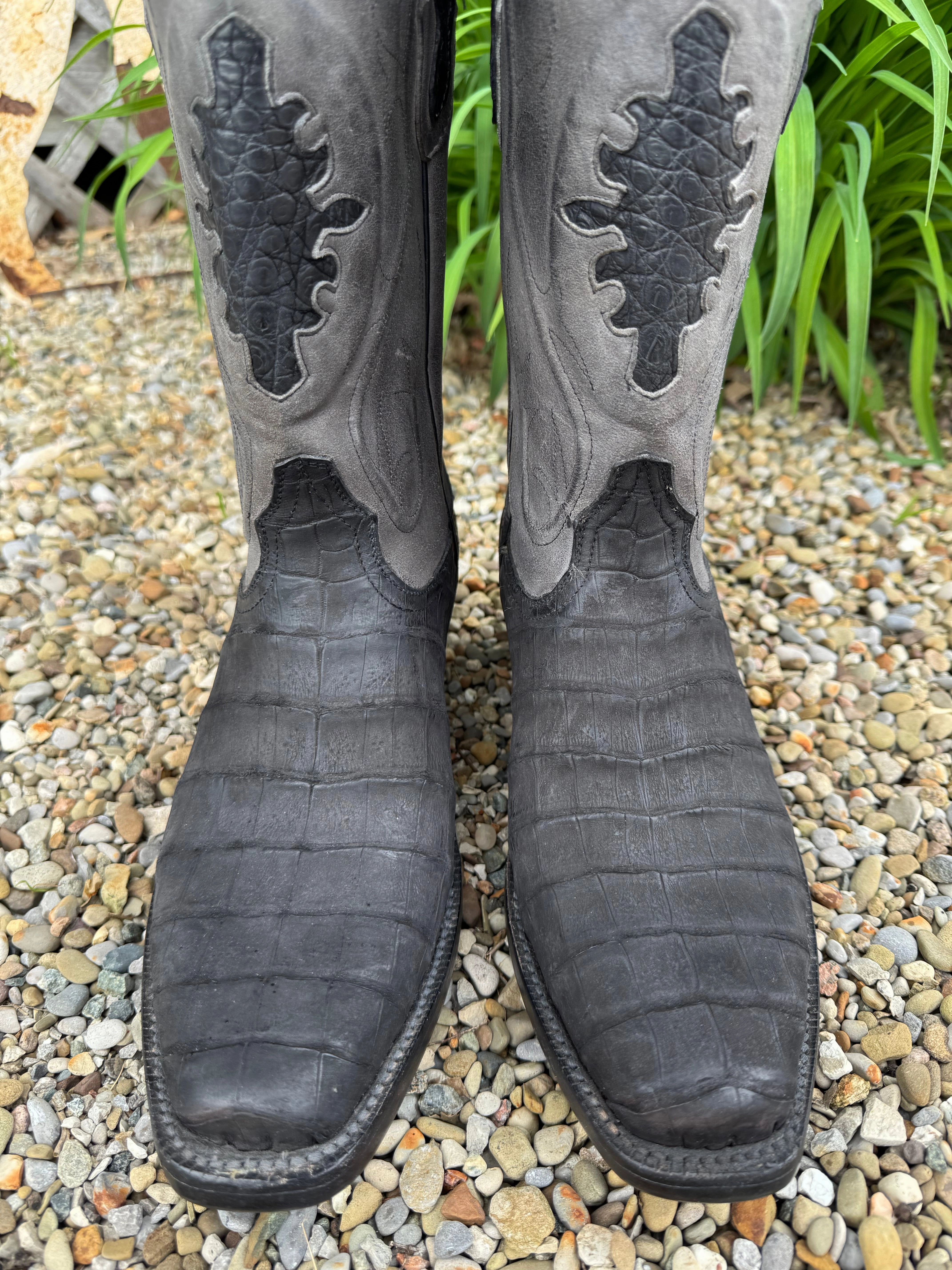 Black Jack Mens Black Sueded Caiman Belly Narrow Square Toe Cowboy Boots SBK243-V4 Soft Touch Shank