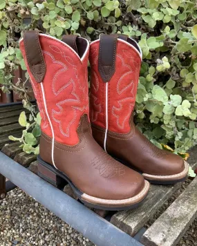 Ankle Coverage Roper Children's Dark Tan Leather & Red Top Western Cowboy Boot 0911-2940
