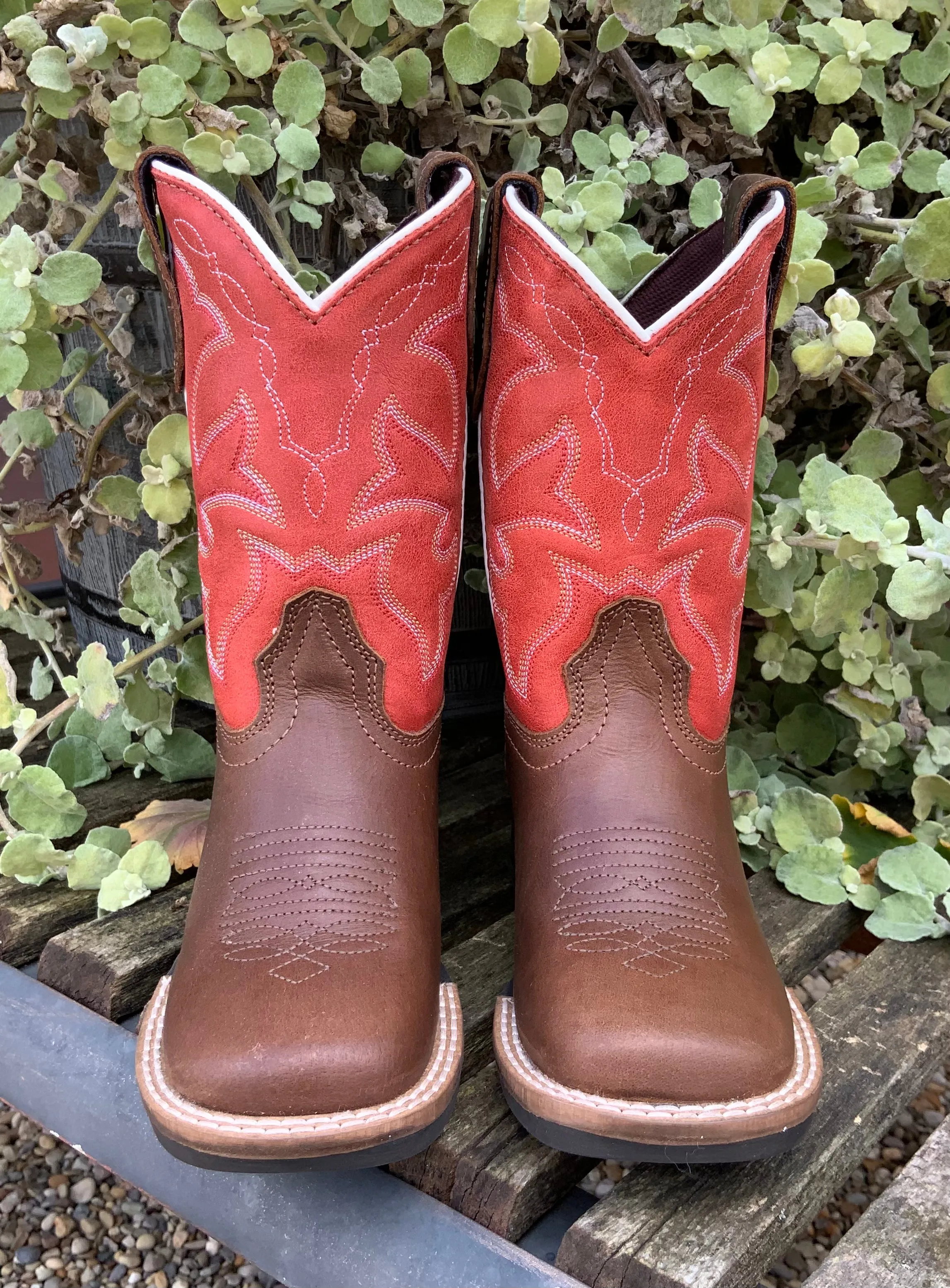 Roper Children's Dark Tan Leather & Red Top Western Cowboy Boot 0911-2940 sweat-wicking