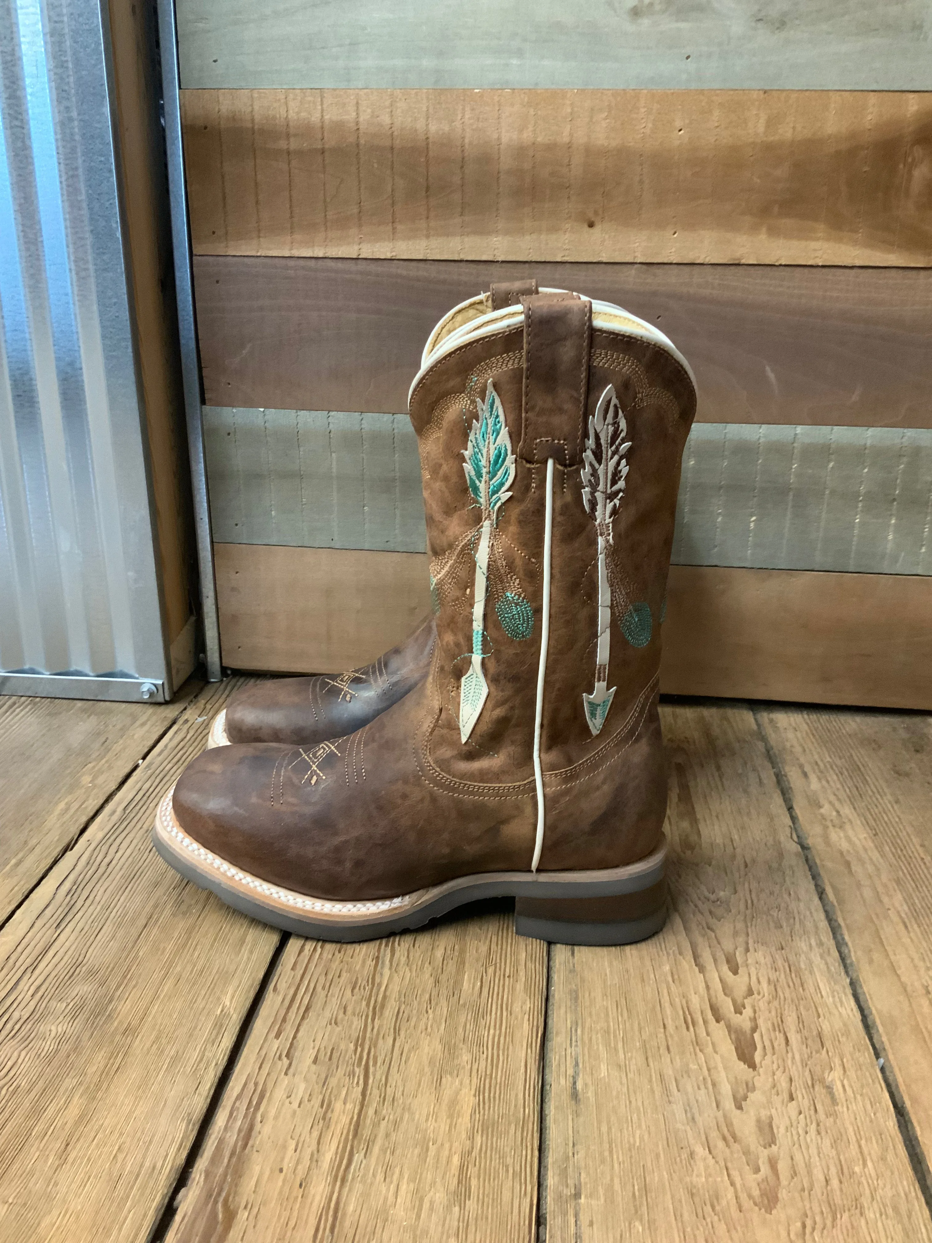 Dry Comfort Roper Girl's Brown Leather with Feathers & Arrow Embroidery Square Toe Cowgirl Boots 7023-8460
