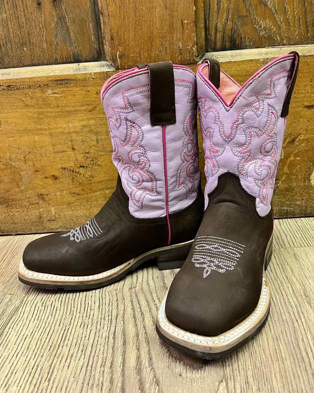 Roper Girl's Timeless Dark Brown and Pink Square Toe Cowgirl Boots 9991-0125 Comfortable Design