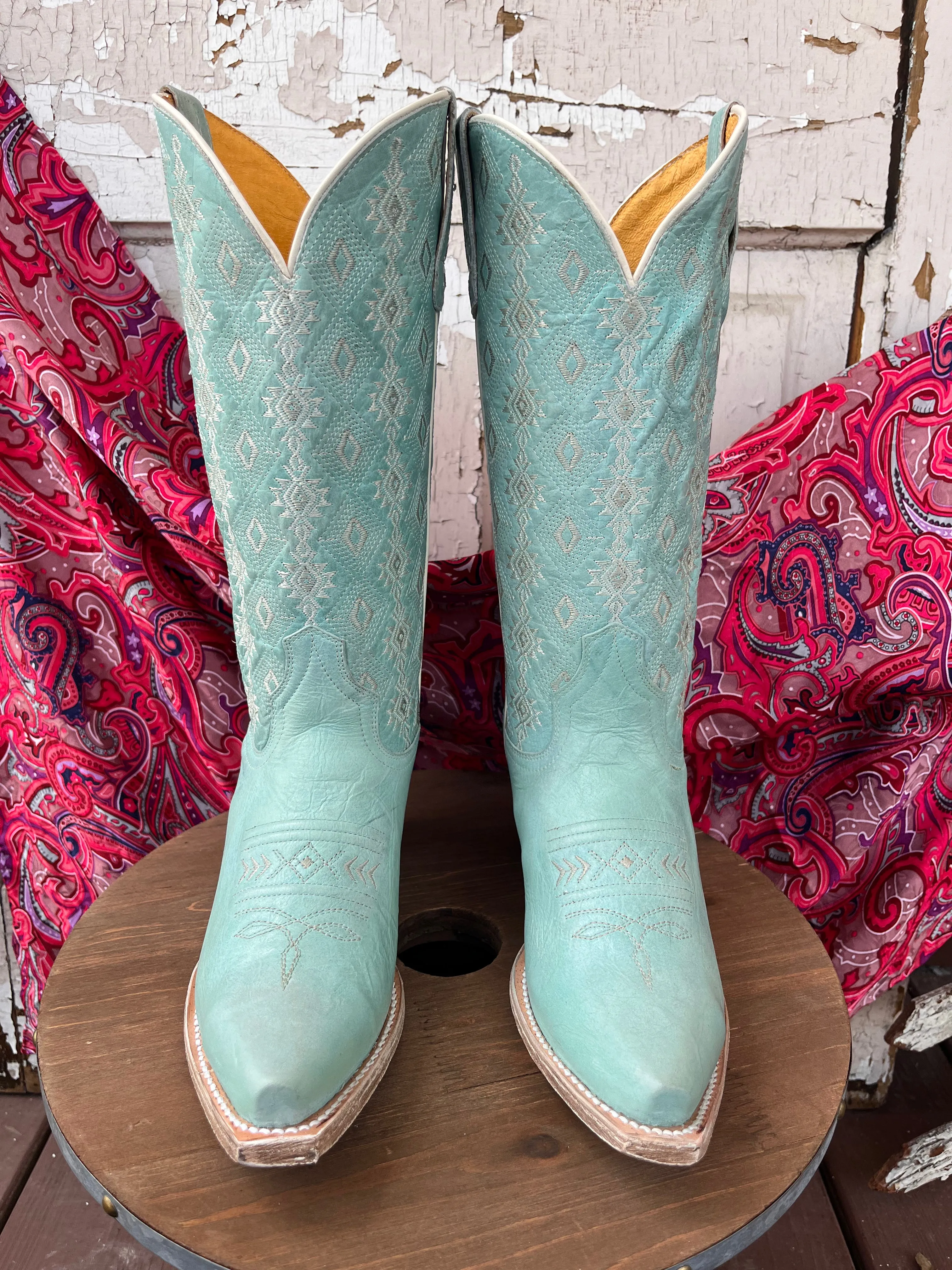 Soft Lining Brown Earth Roper Women's Anika Light Blue Turquoise Aztec Embroidered Snip Toe Cowgirl Boots 7619-8586