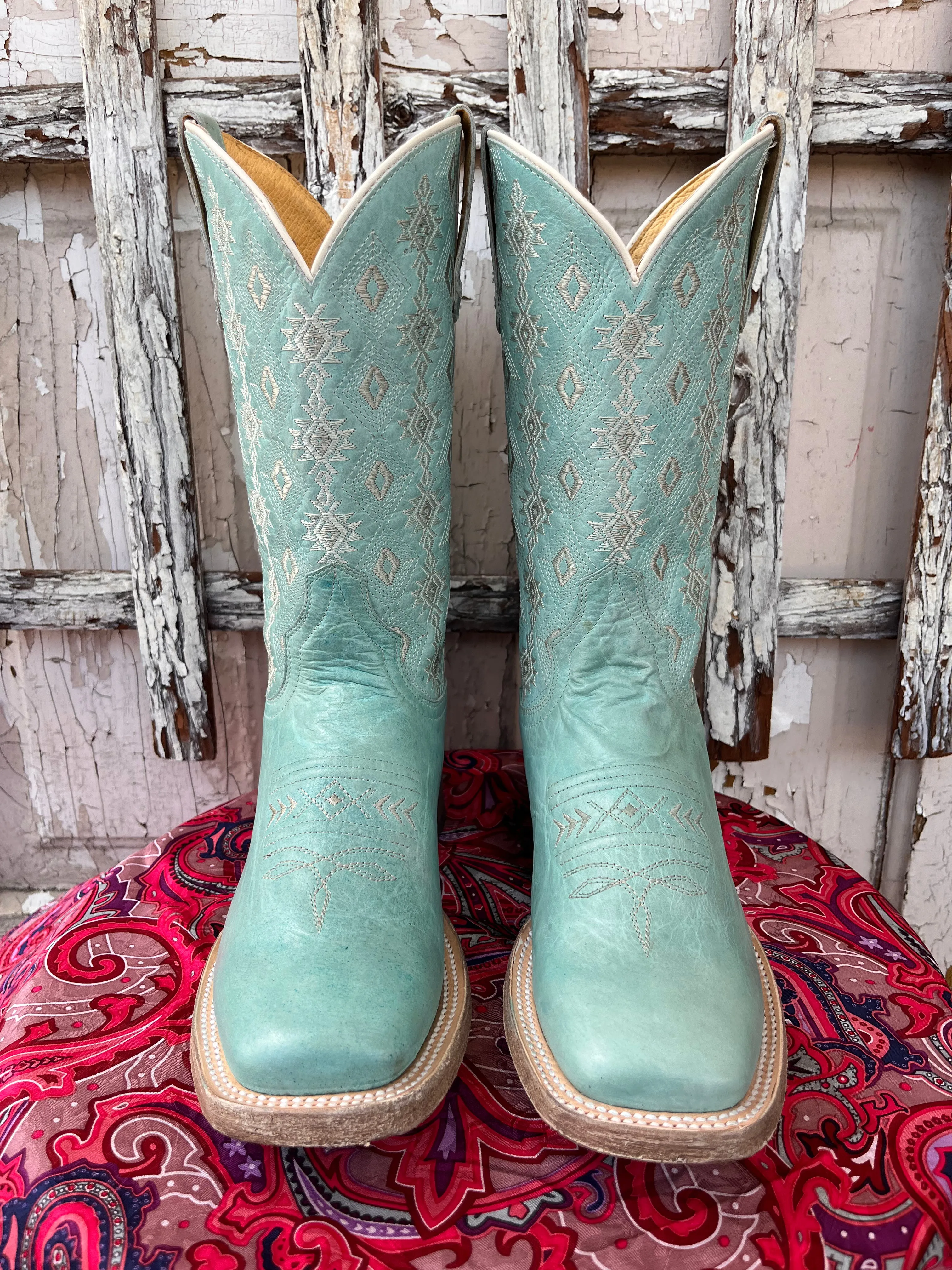 Timeless Design Oil-Resistant Roper Women's Anika Light Blue Turquoise Aztec Embroidered Square Toe Cowgirl Boots 7016-8586