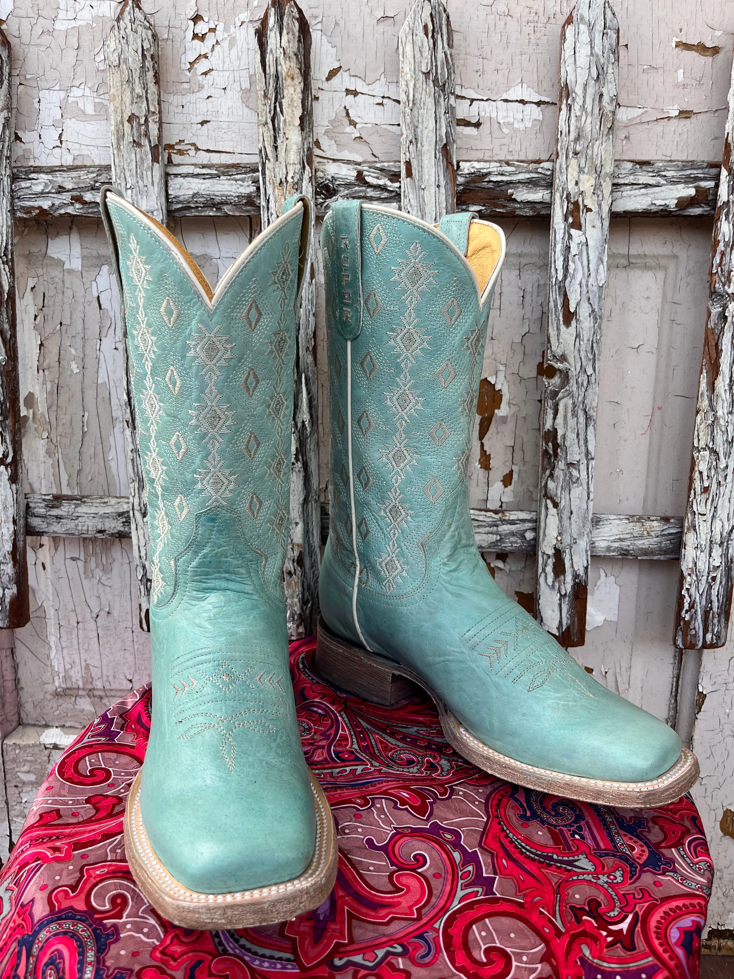 Roper Women's Anika Light Blue Turquoise Aztec Embroidered Square Toe Cowgirl Boots 7016-8586 Comfortable Shank