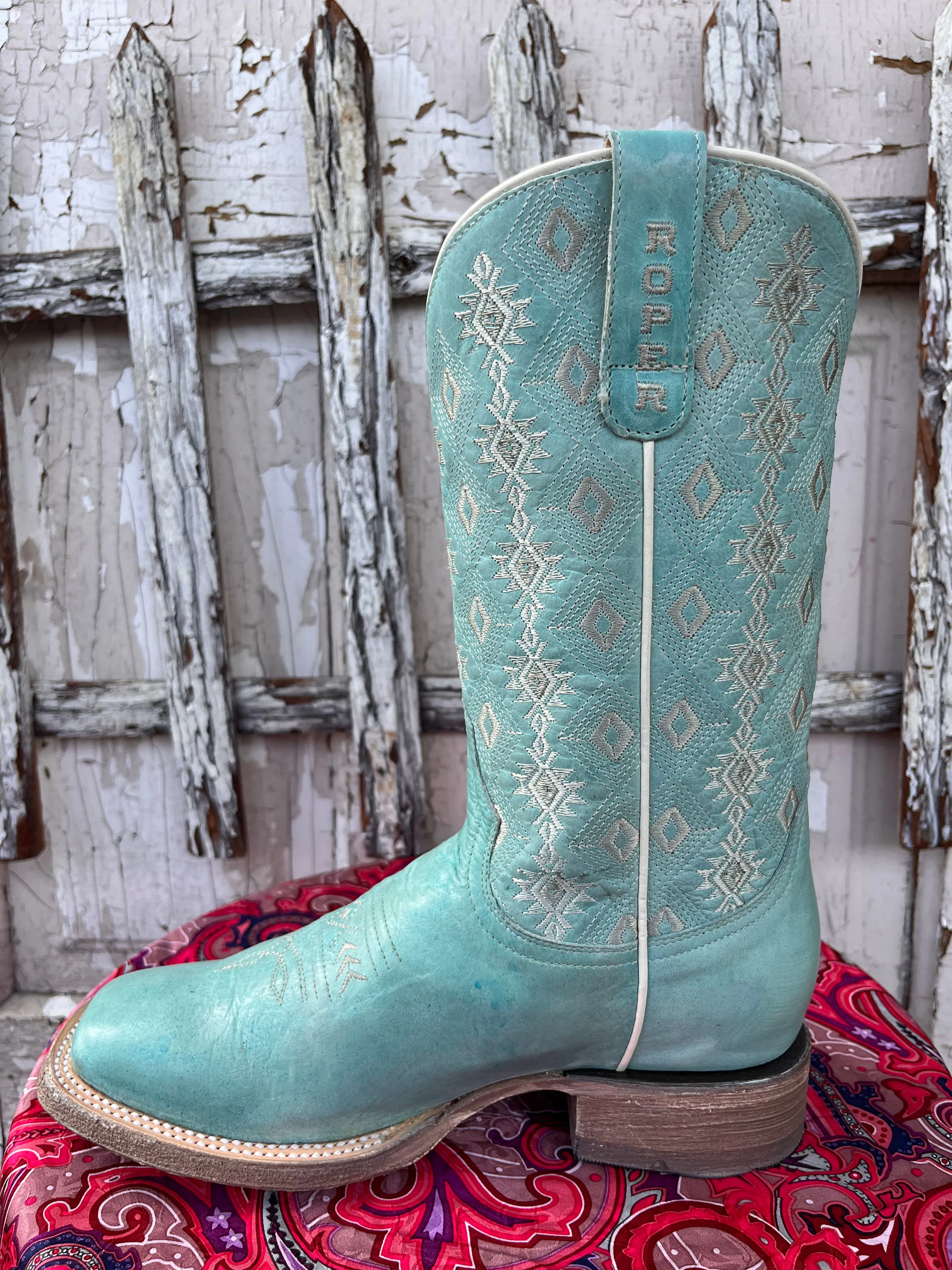 Comfortable Footwear Roper Women's Anika Light Blue Turquoise Aztec Embroidered Square Toe Cowgirl Boots 7016-8586
