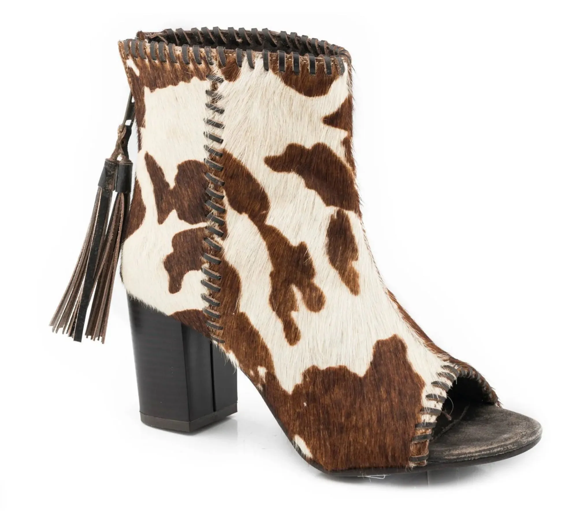 Roper Women's Betsy Red & White Genuine Cow Hide Open Toe Bootie Cowprint Sandal 0946-3069 Shock   Absorbing