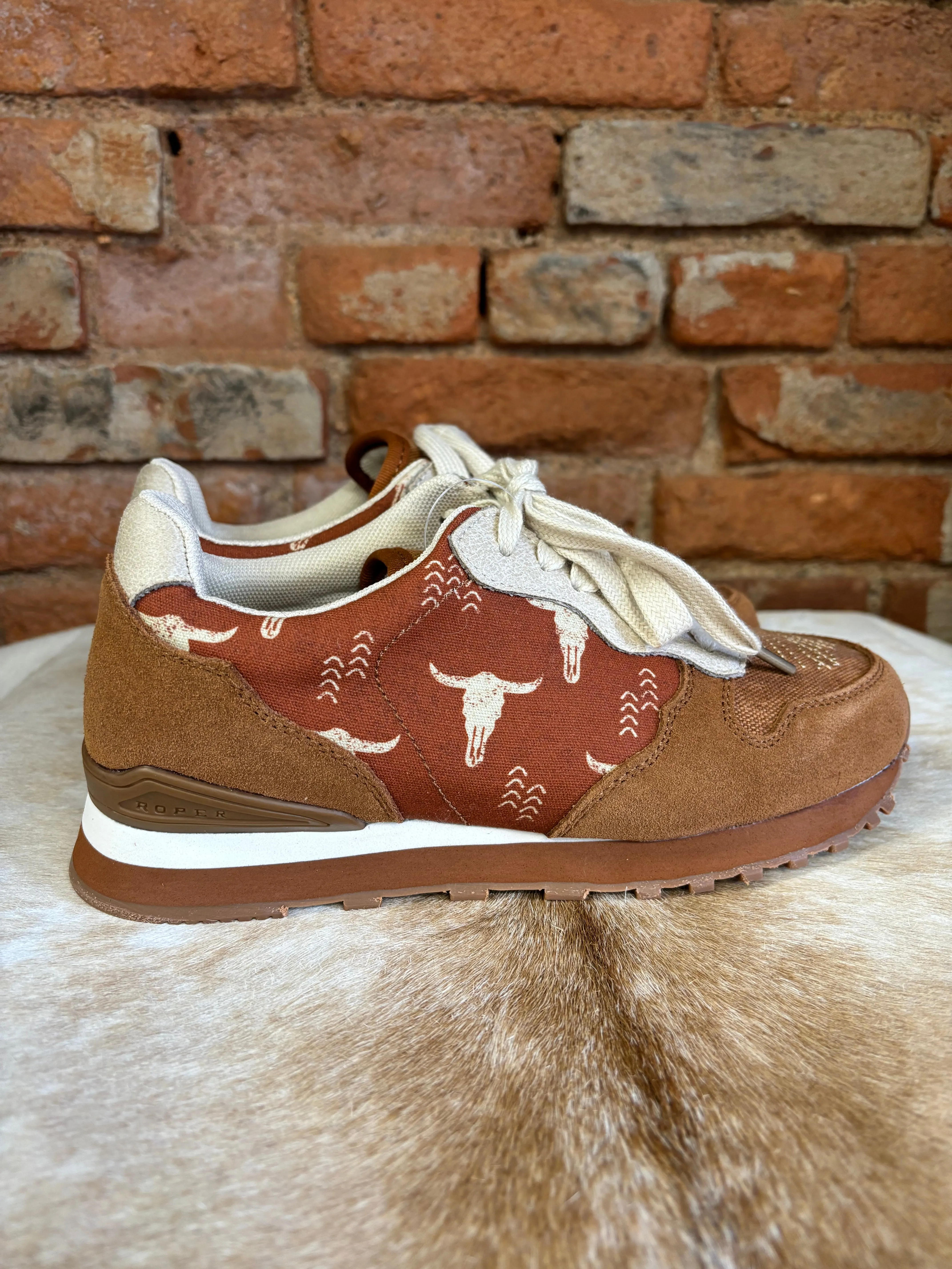 Roper Women's Cognac Giddyup Longhorn Suede & Canvas Jogger Shoe 1797-3538 Cloudy Hike Arch Care