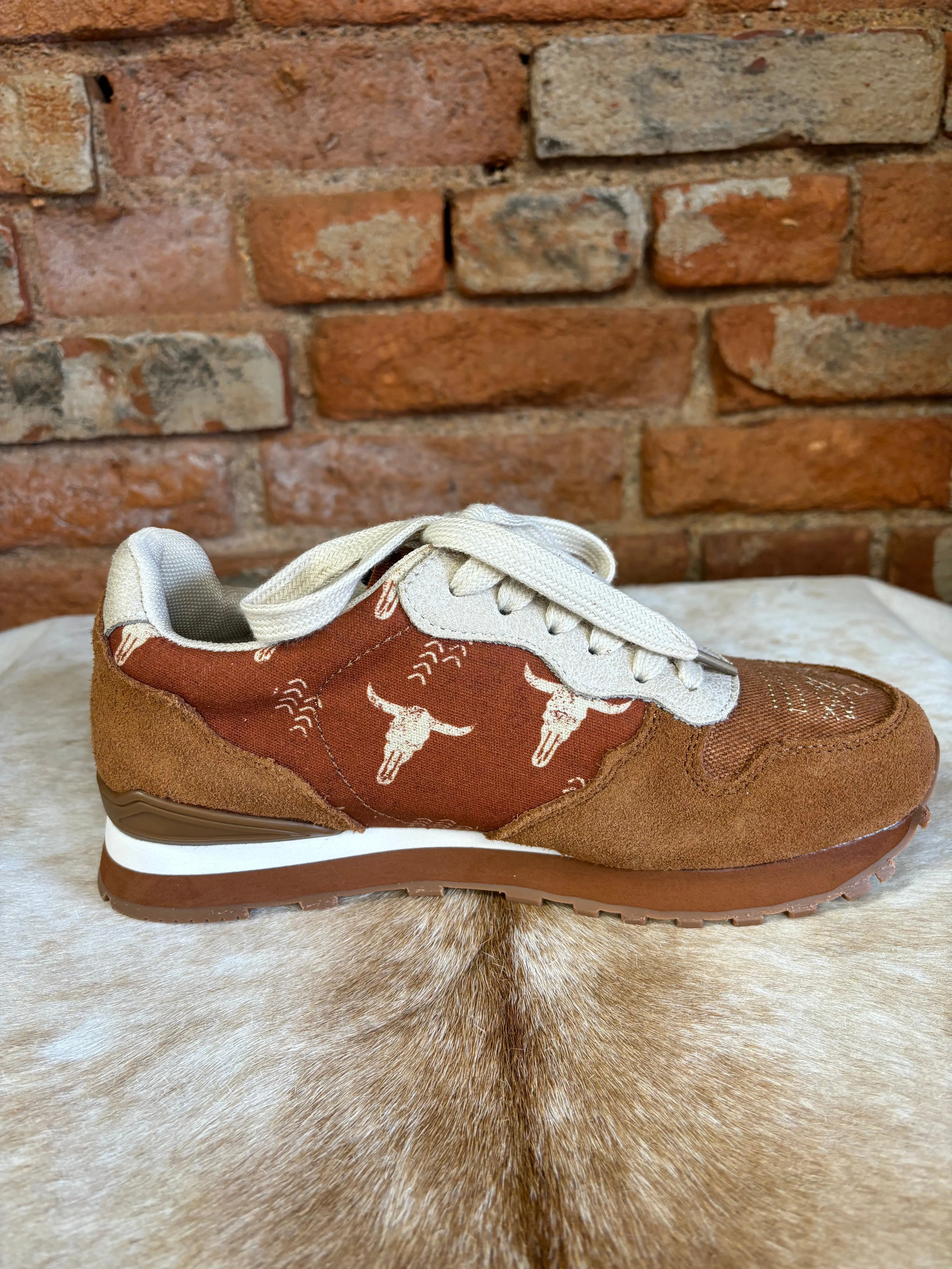 Roper Women's Cognac Giddyup Longhorn Suede & Canvas Jogger Shoe 1797-3538 Fast Walk