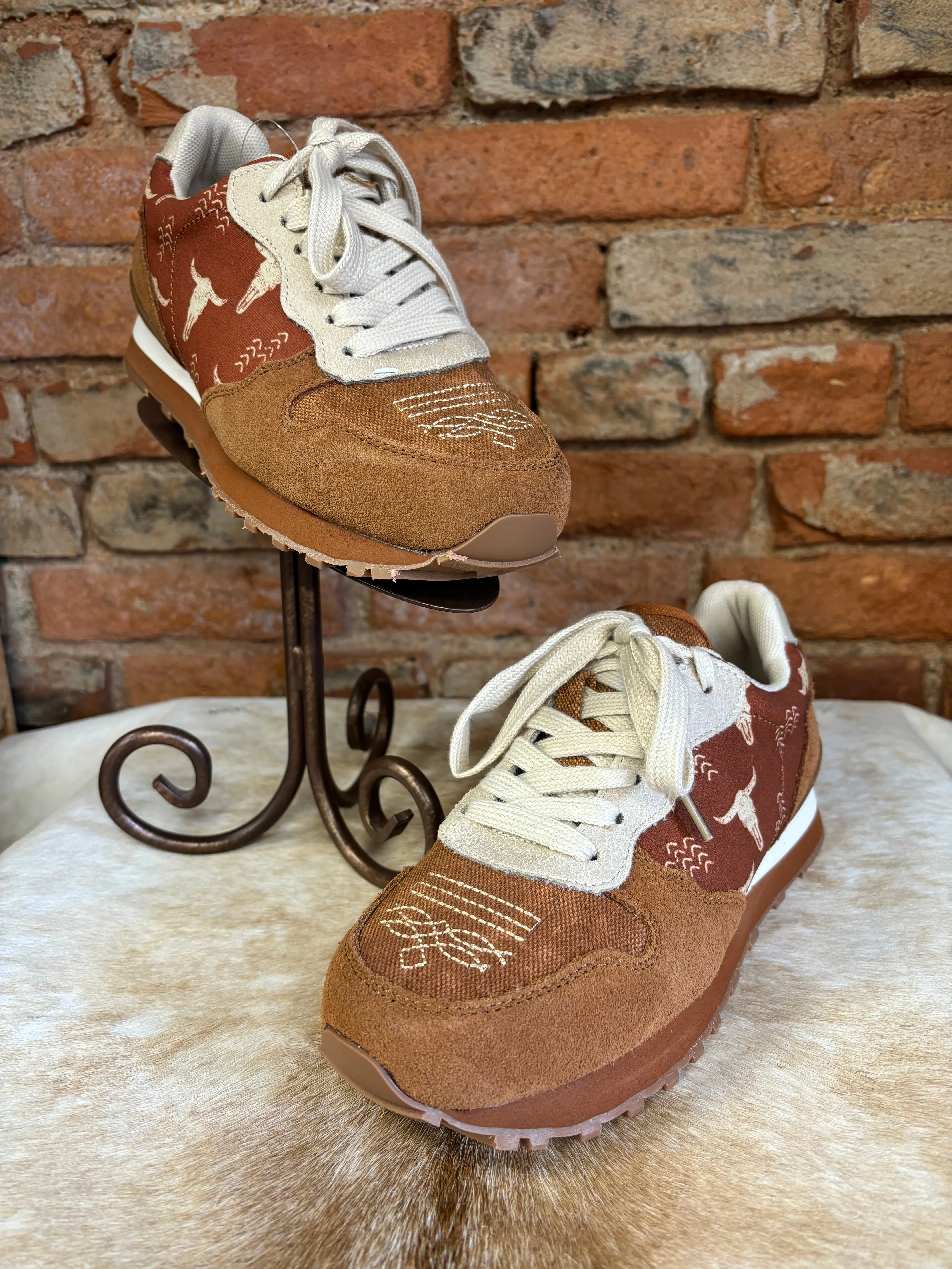 Roper Women's Cognac Giddyup Longhorn Suede & Canvas Jogger Shoe 1797-3538 City Light