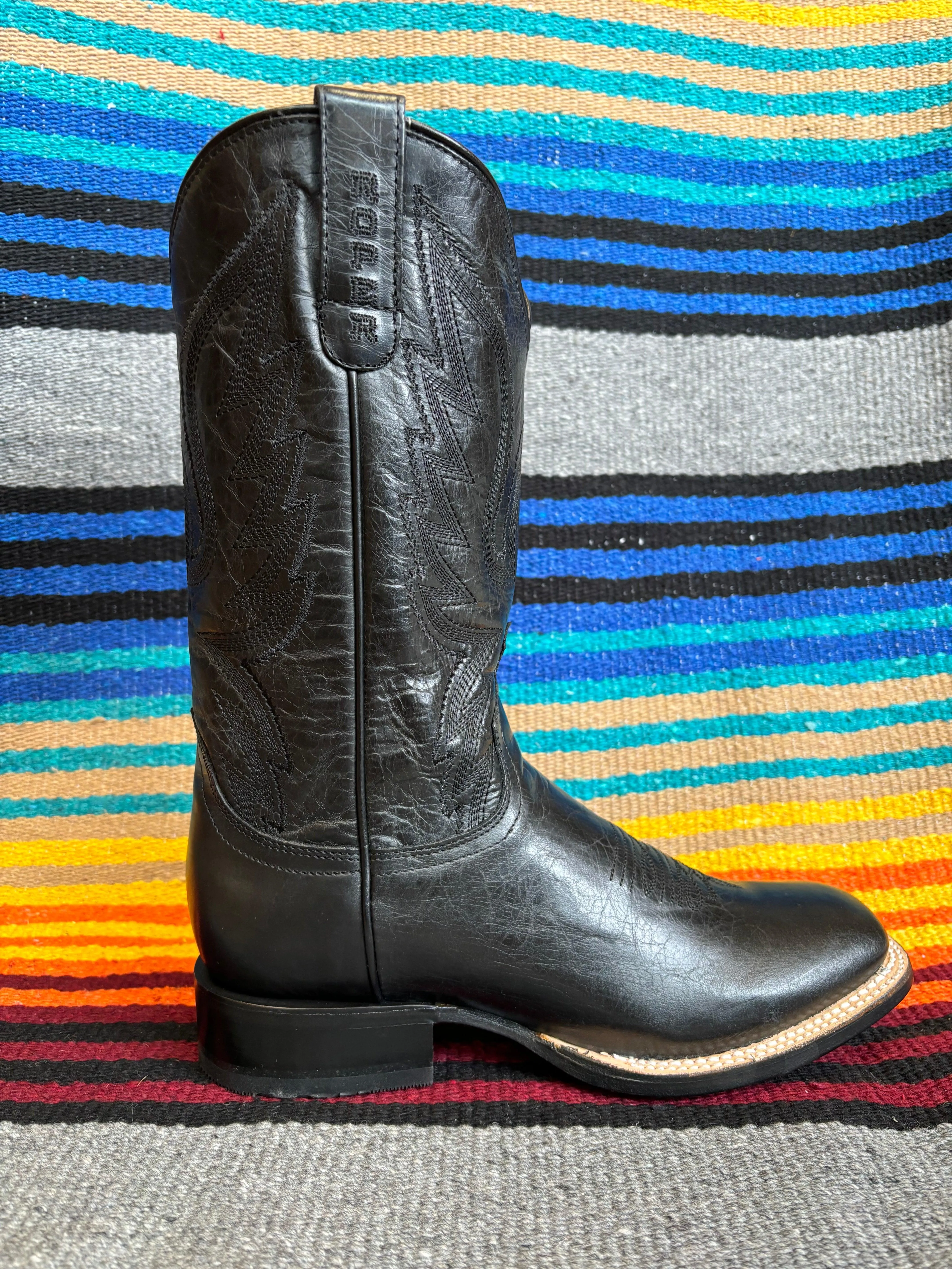 Roper Women's Midnight Black Leather Square Toe Cowgirl Boots 7016-8633 Modern Lines