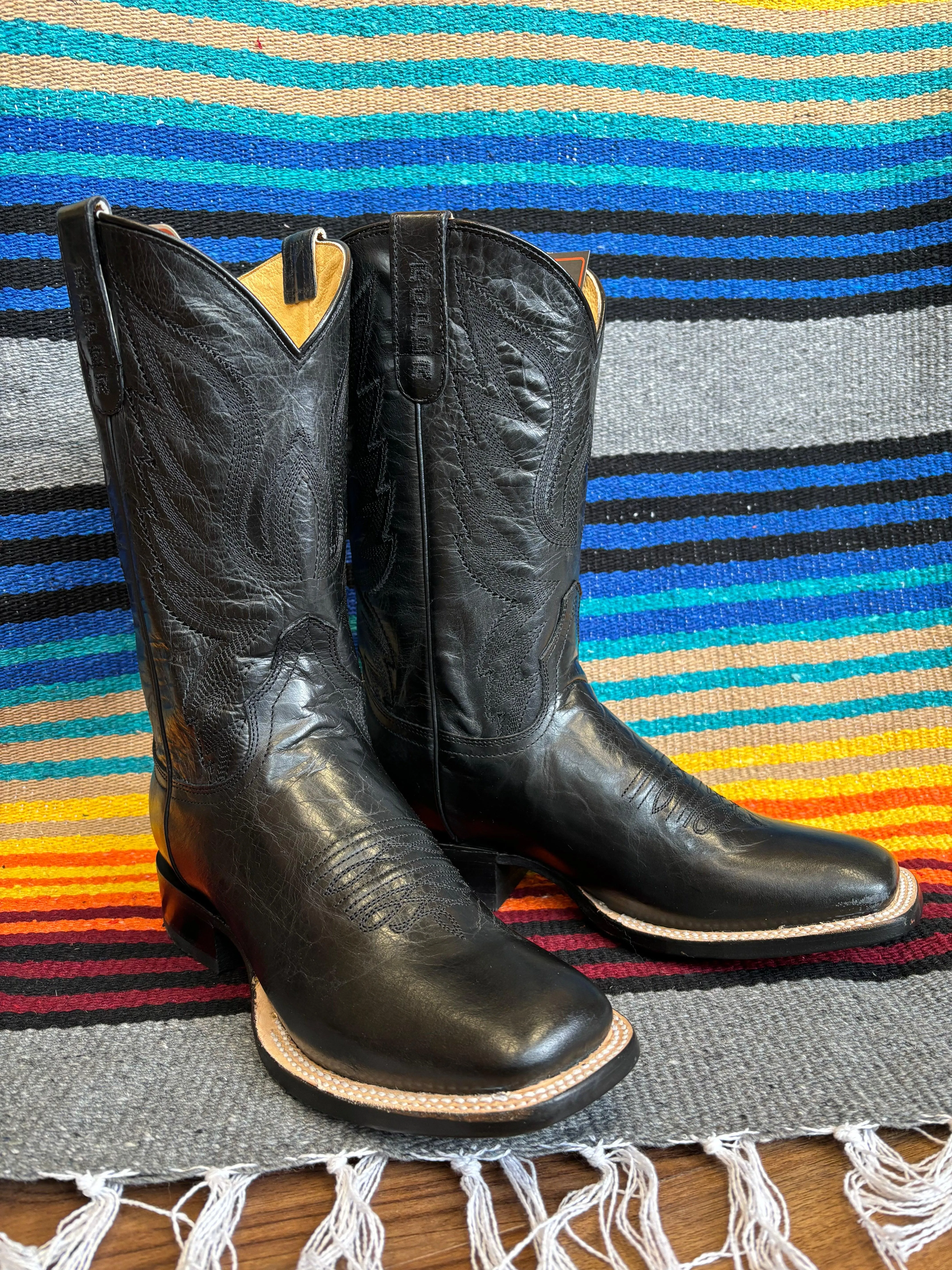 Roper Women's Midnight Black Leather Square Toe Cowgirl Boots 7016-8633 Closed Toe