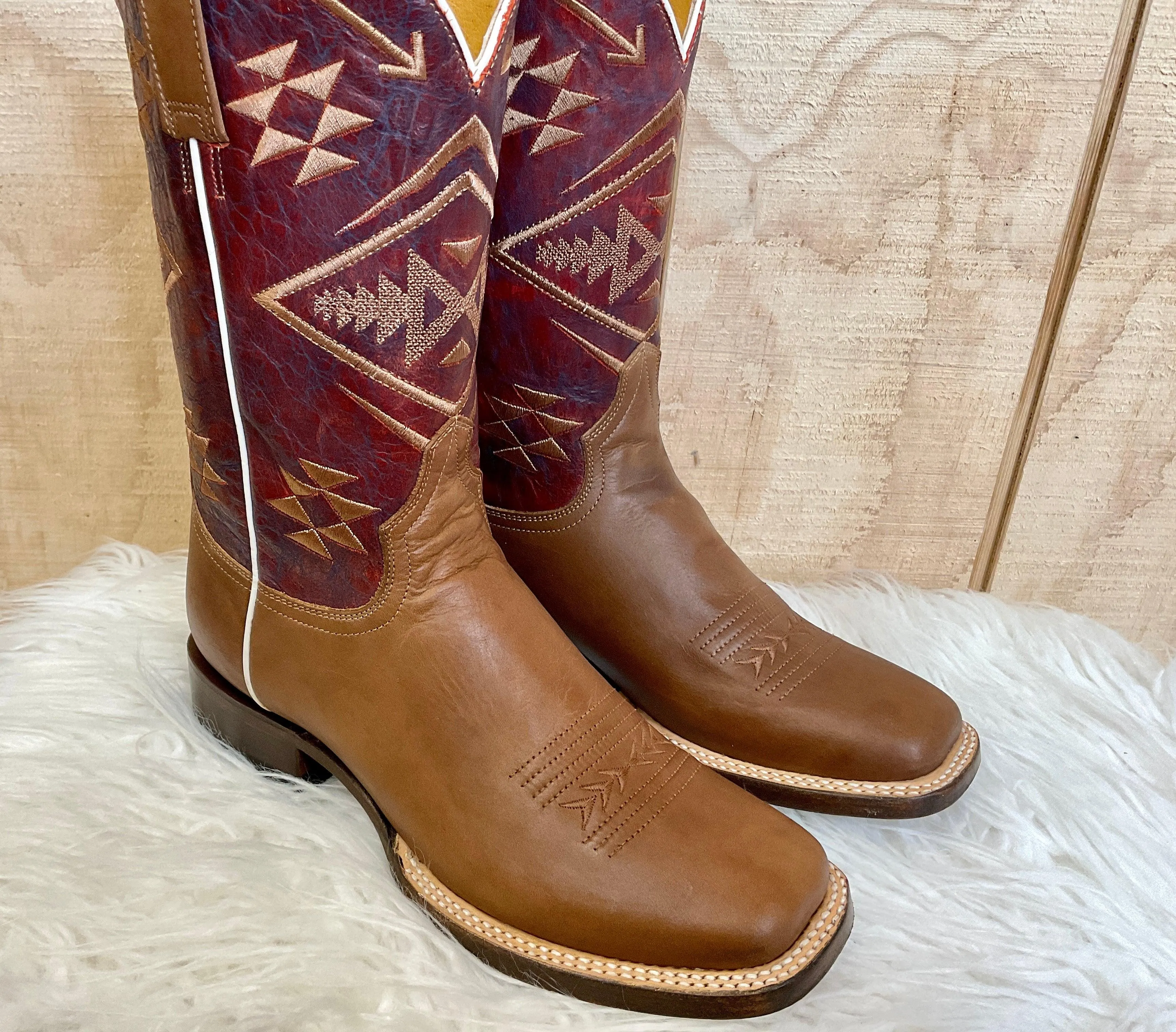 Roper Women's Ruby Red & Tan Square Toe Cowgirl Boots 9201-8390 Comfort Cushion