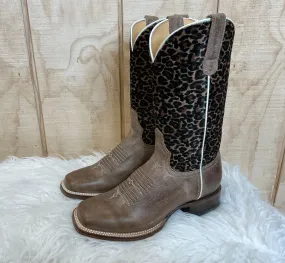 Light Weight Rain Ready Roper Women's Waxy Brown Leather & Cheetah Top Square Toe Cowgirl Boots 7016-8260