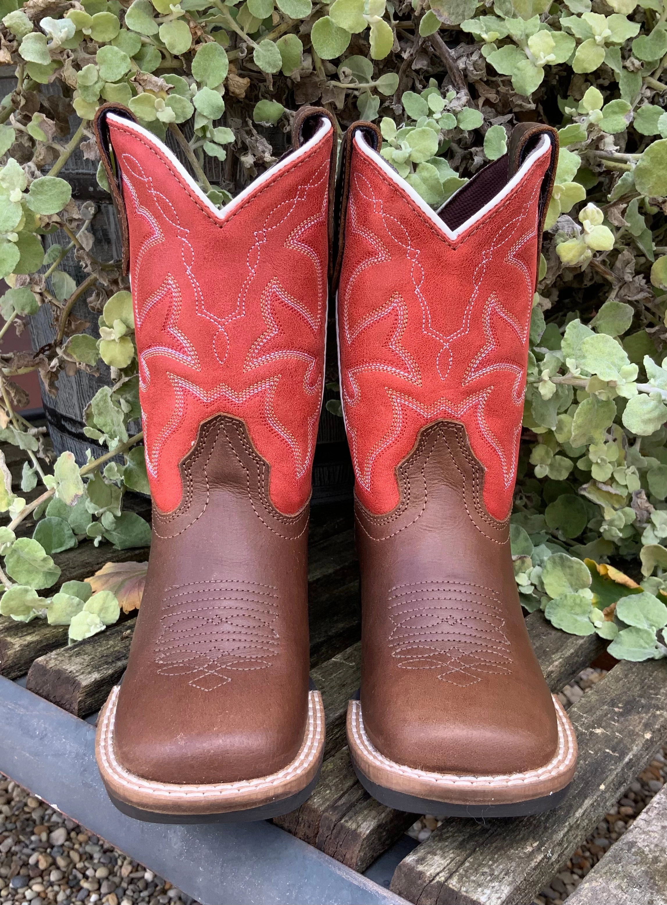 Roper Children's Dark Tan Leather & Red Top Western Cowboy Boot 0911-2940 sweat-wicking