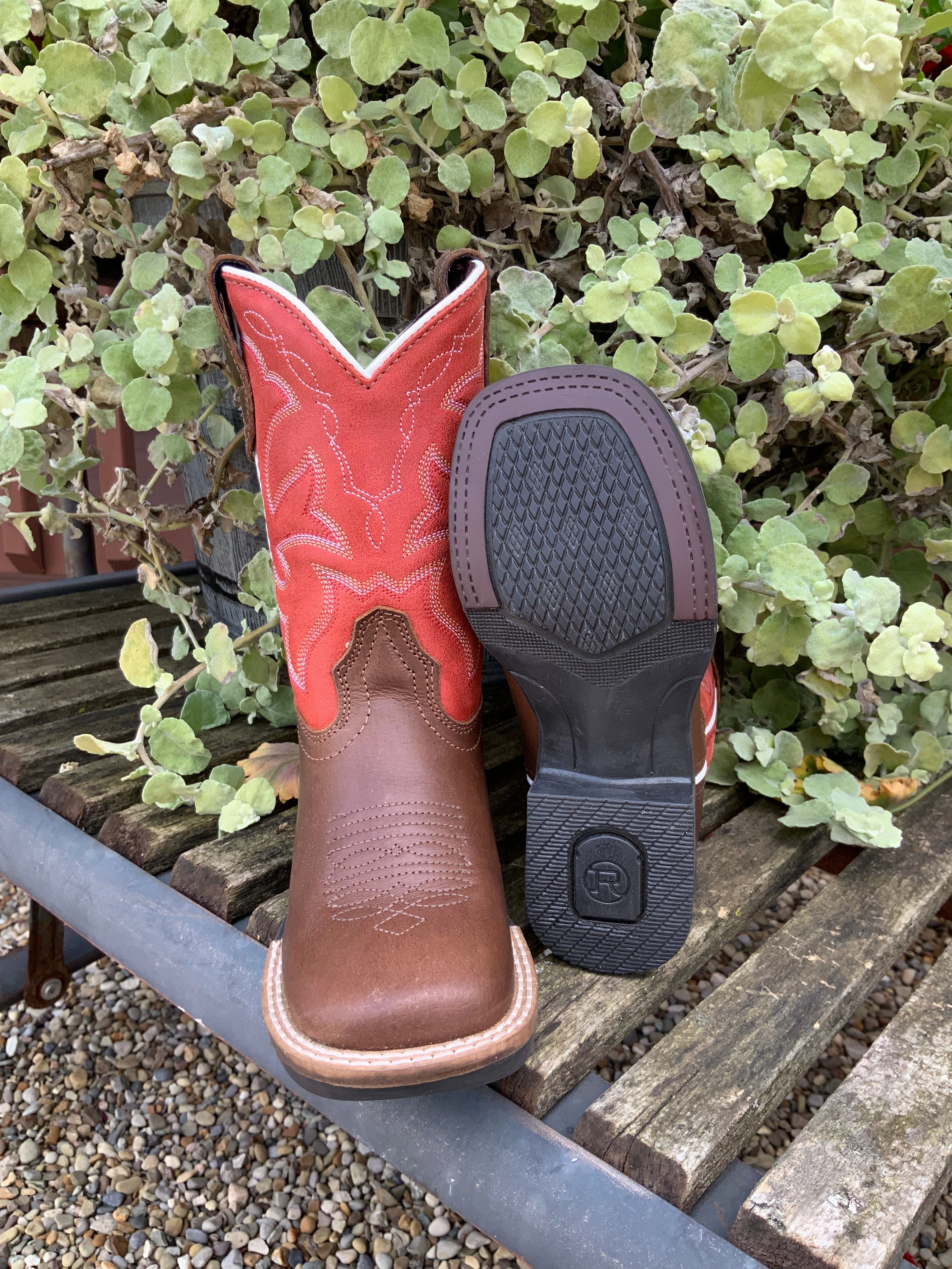 Comfortable Experience Roper Children's Dark Tan Leather & Red Top Western Cowboy Boot 0911-2940